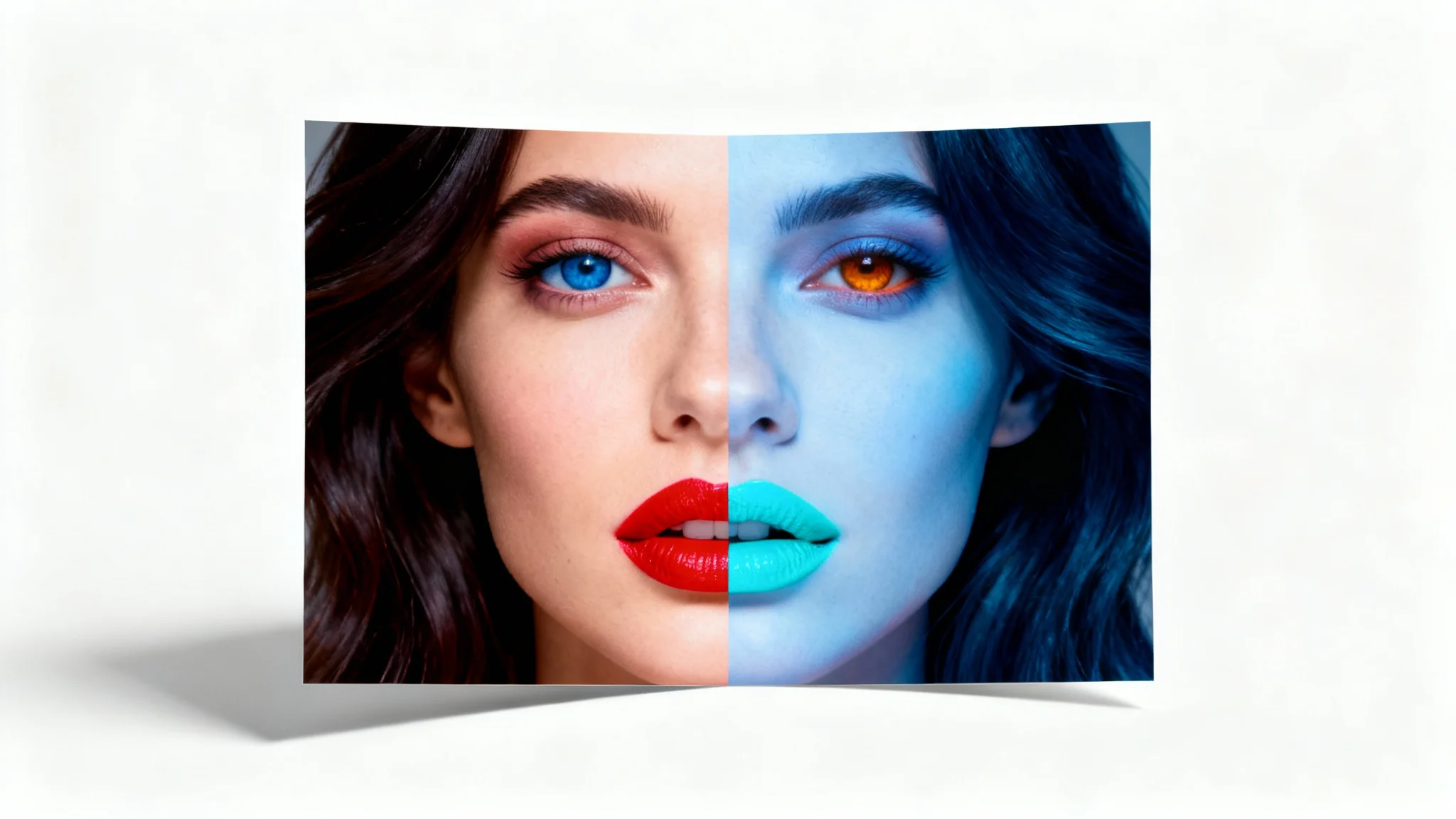 A photograph of a woman's face, split diagonally, with one half in full color and the other half as a color negative, demonstrating a photo-to-negative effect.