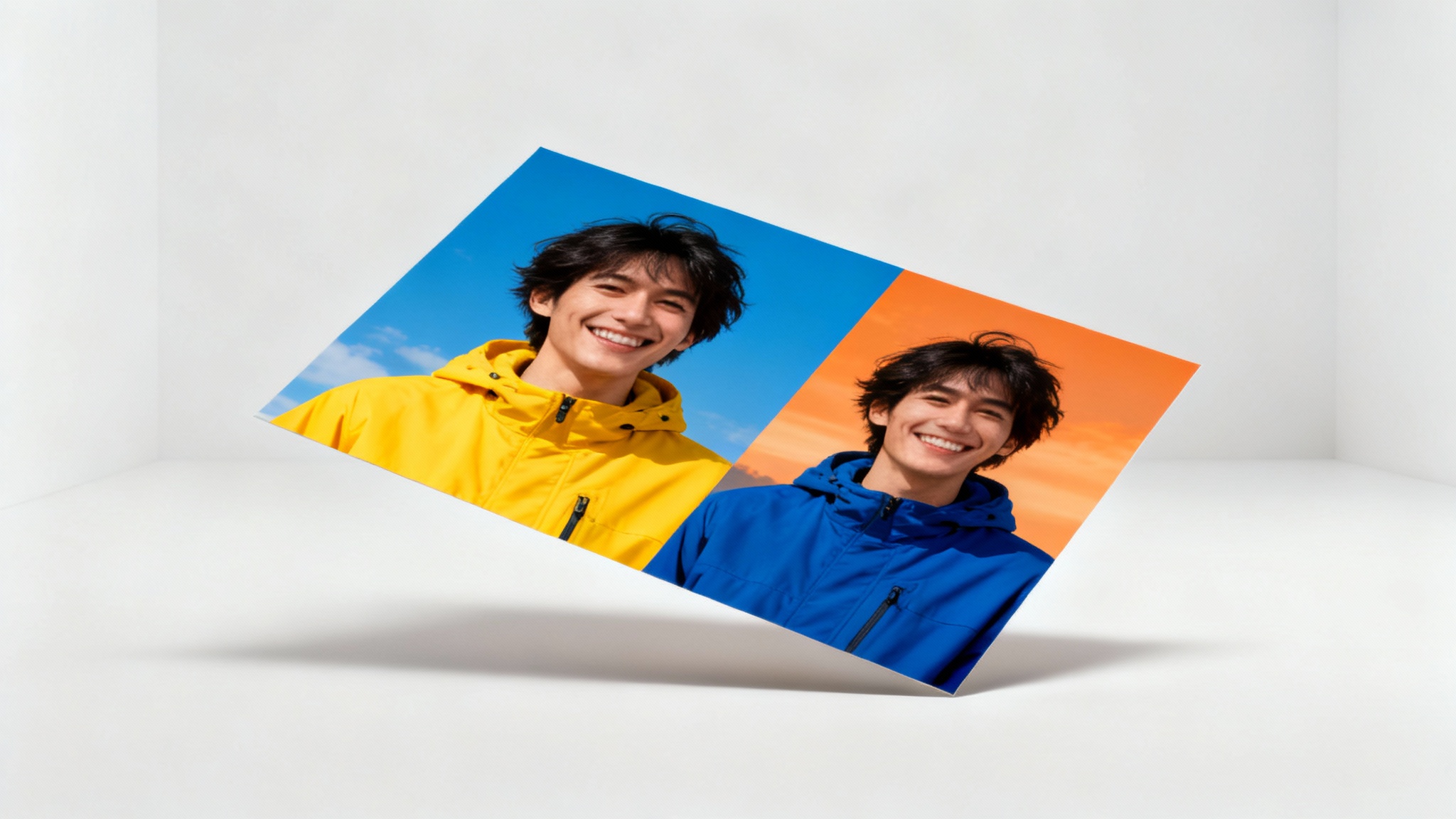 A photograph of a person, split diagonally to demonstrate a photo-to-negative effect. The top-left of the image is in full color, showing a person in a yellow jacket, while the bottom-right is the color negative version.