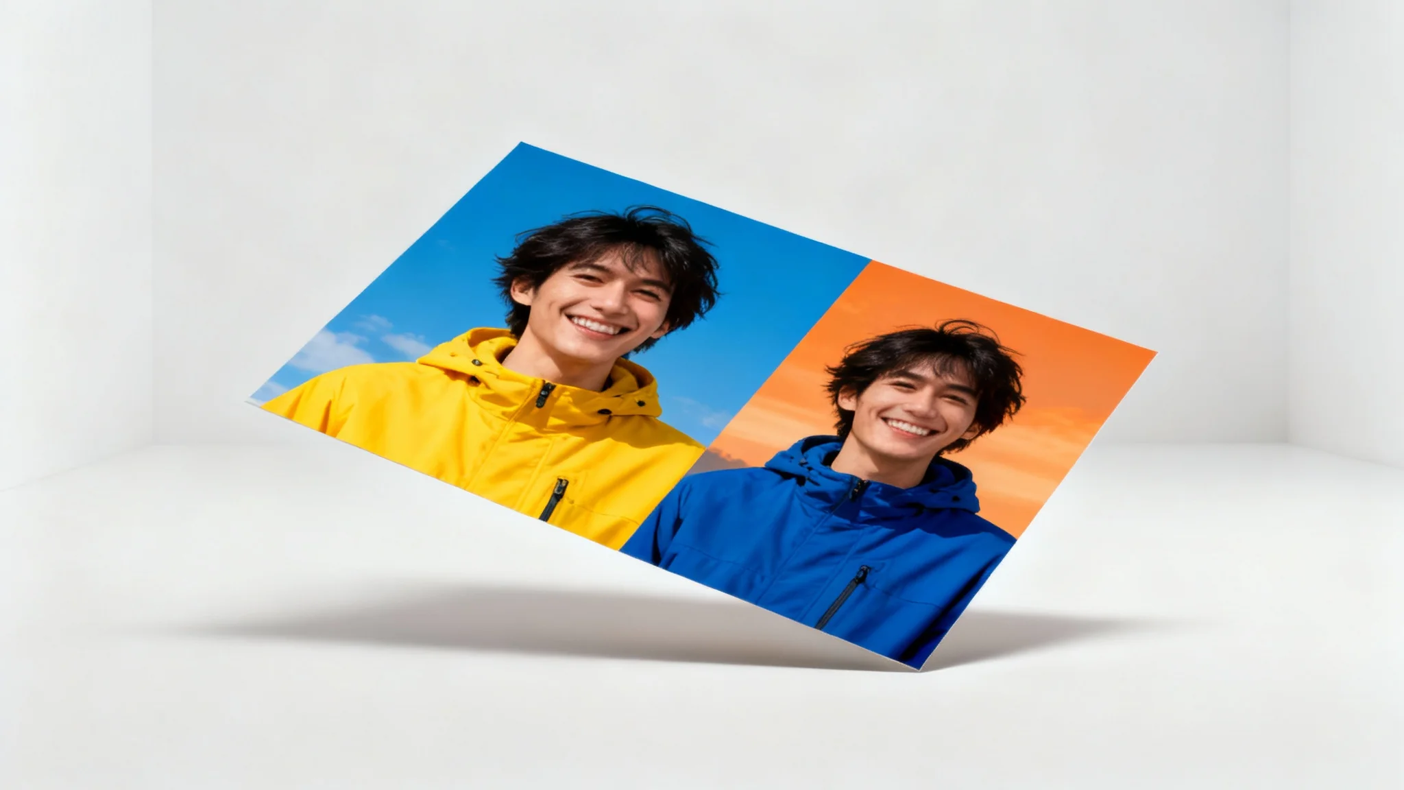 A photograph of a person, split diagonally to demonstrate a photo-to-negative effect. The top-left of the image is in full color, showing a person in a yellow jacket, while the bottom-right is the color negative version.