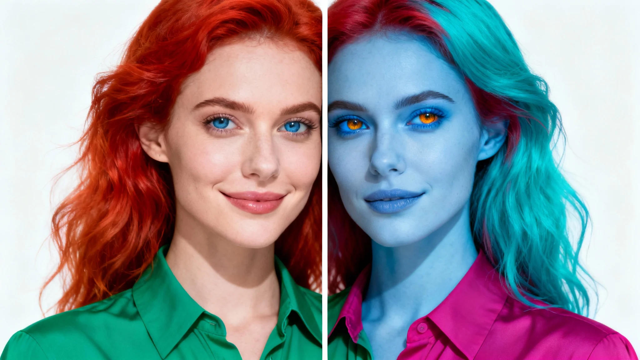 A split image demonstrating a photo-to-negative effect. The left side shows a color photo of a woman with red hair, while the right side shows the same photo as a negative, with inverted colors like cyan hair and amber eyes.
