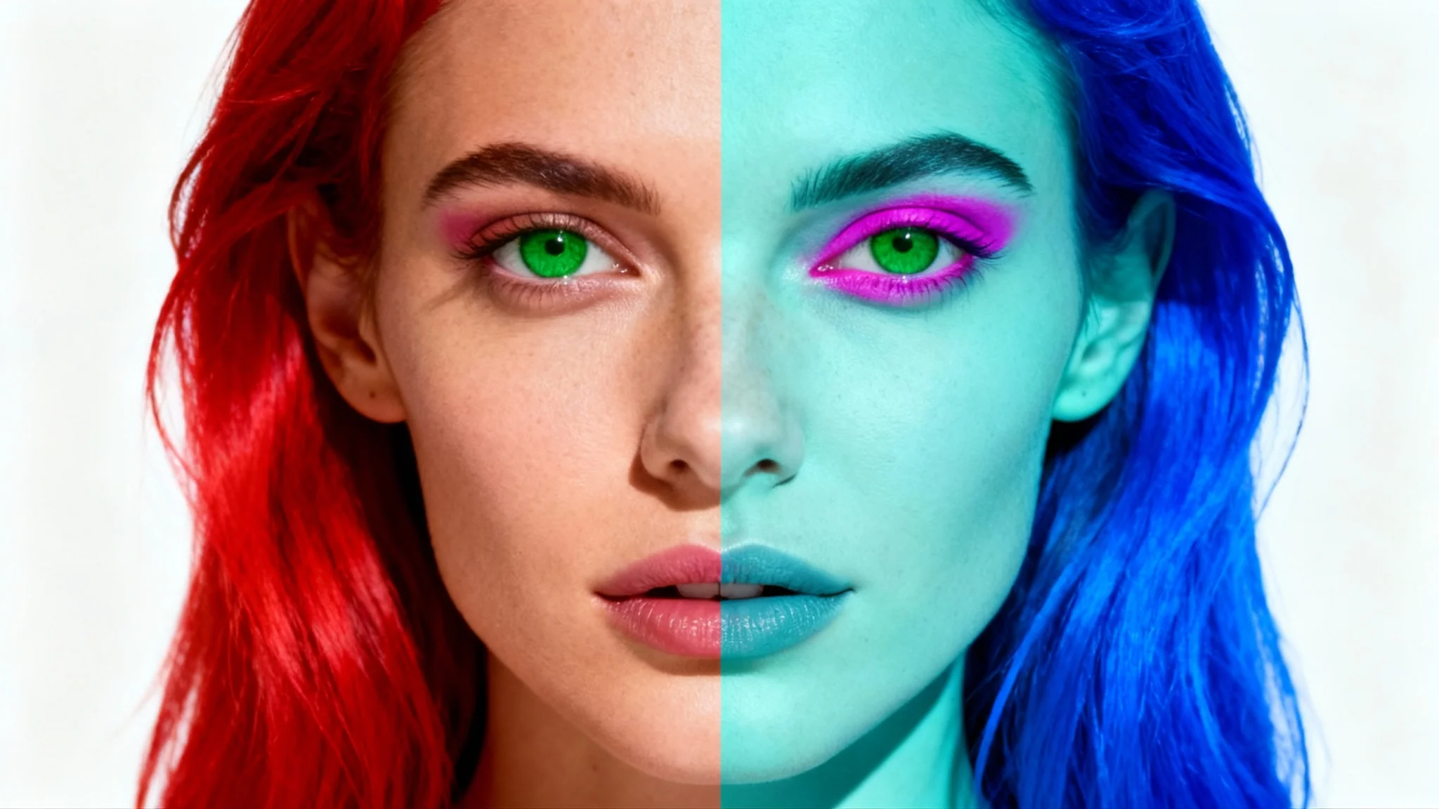 A before-and-after image demonstrating a photo-to-negative effect. The left half shows a color portrait of a woman, while the right half shows the exact same portrait as a color negative, with all colors inverted.