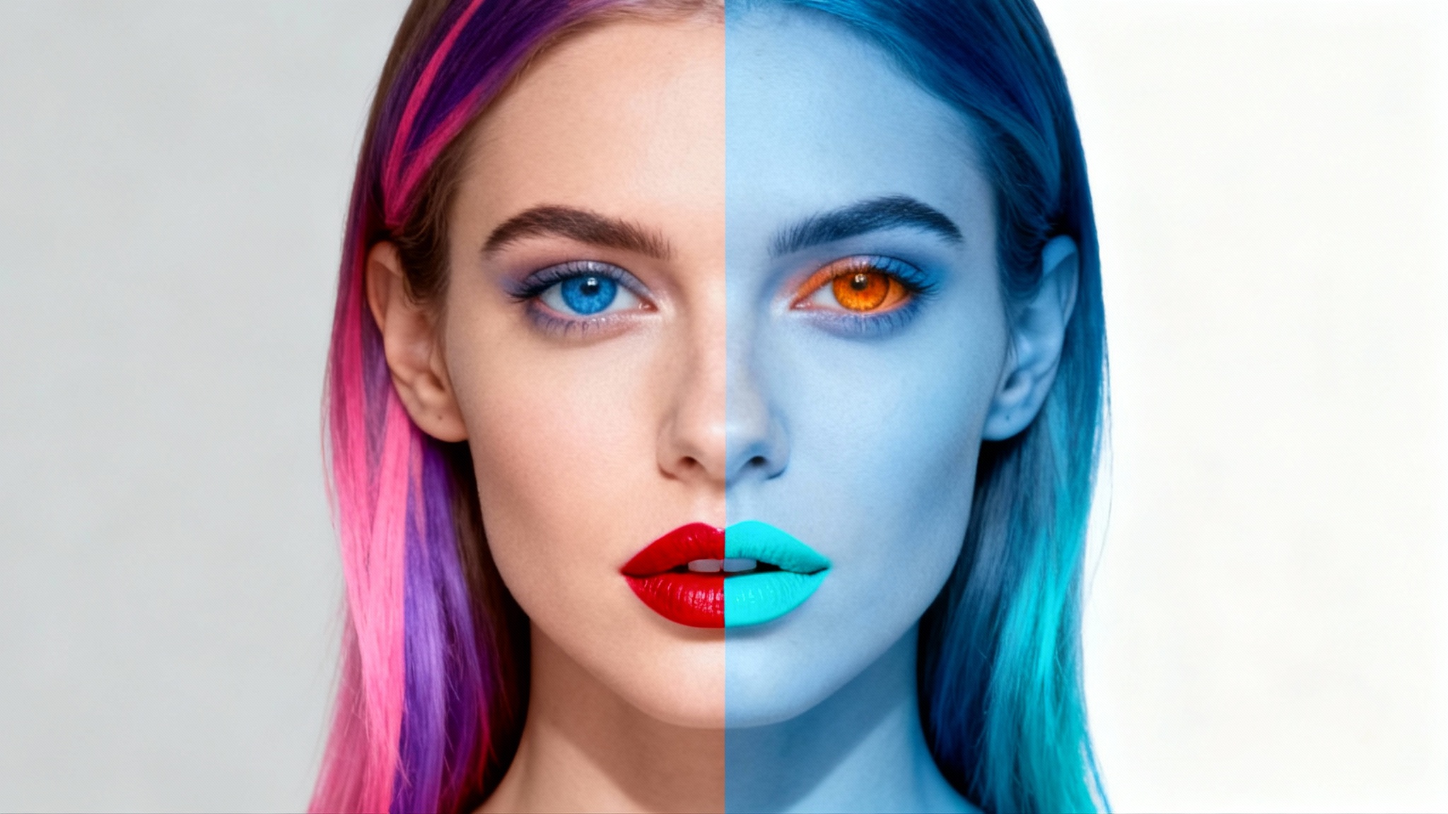 A before-and-after image showing a photo-to-negative effect. The left side is a color portrait of a woman, and the right side is the same portrait but with all colors inverted into their negative.