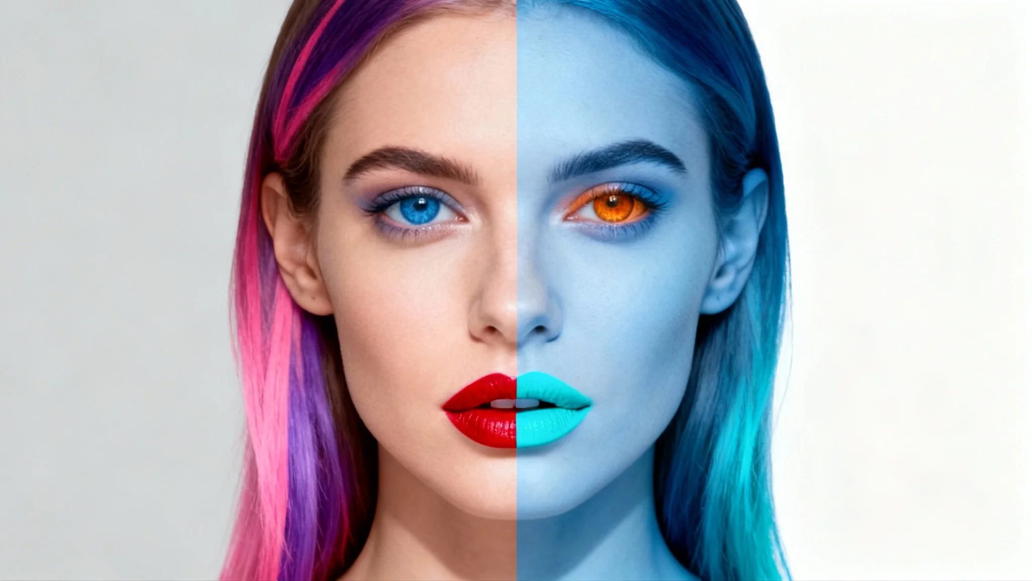 A before-and-after image showing a photo-to-negative effect. The left side is a color portrait of a woman, and the right side is the same portrait but with all colors inverted into their negative.