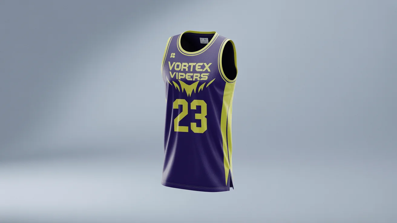 A professionally designed custom basketball jersey for the 'Vortex Vipers' in purple and yellow, displayed on a ghost mannequin in a studio setting.