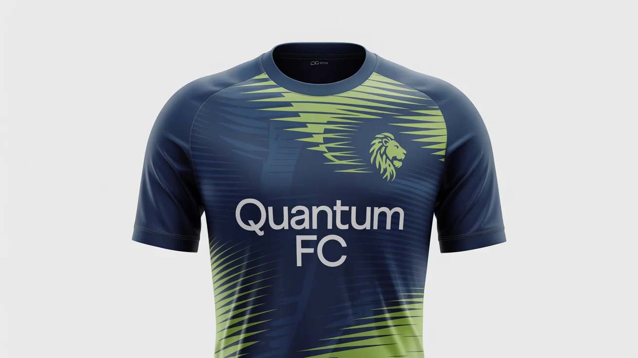 A custom-designed navy blue soccer jersey with neon green geometric patterns and the team name 'Quantum FC' displayed on a white background.