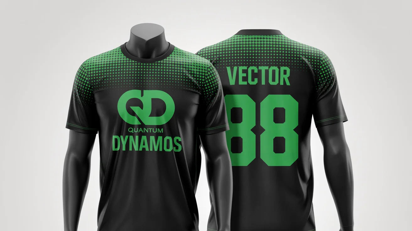 A professional mockup of a custom black soccer jersey for the 'Quantum Dynamos', featuring electric green accents, the player name 'VECTOR', and the number '88', all against a plain white background.