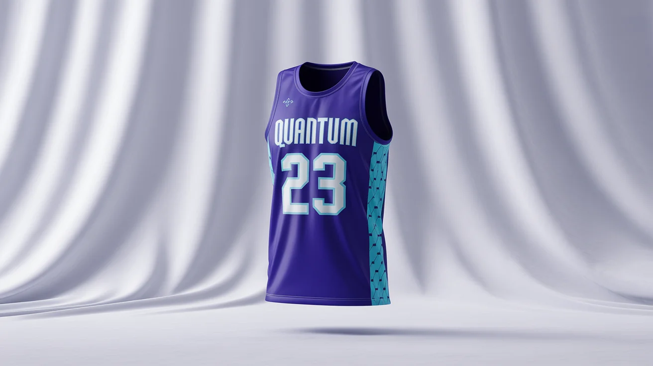 A photorealistic mockup of a custom royal purple and cyan basketball jersey for a fictional team called the 'Quantum Leapers', with the word 'QUANTUM' and the number '23' on the front, set against a plain white background.
