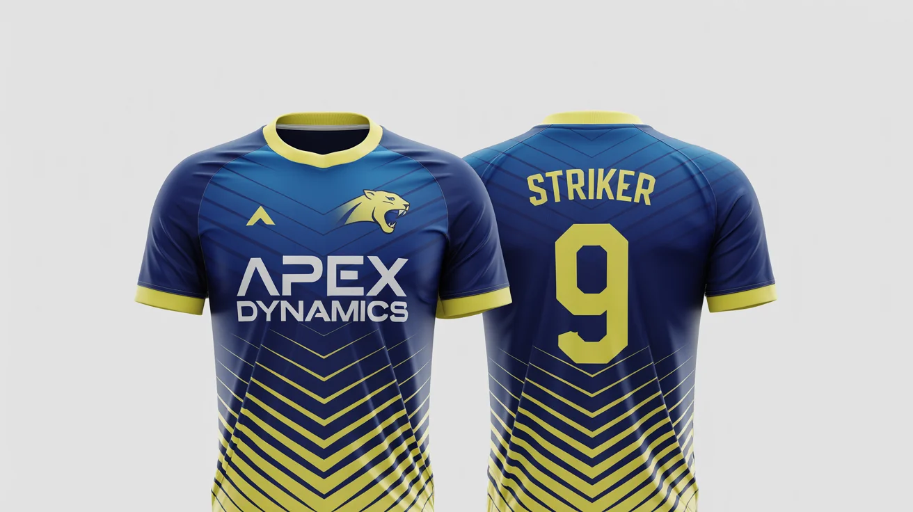 A professional mockup of a custom navy blue and electric yellow soccer jersey on a ghost mannequin against a white background, featuring the fictional sponsor 'APEX DYNAMICS' and the player name 'STRIKER' with the number '9'.