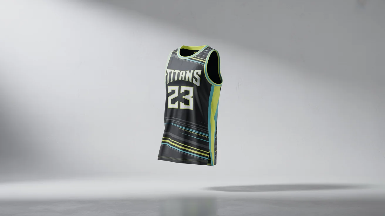 A photorealistic mockup of a custom-designed charcoal gray basketball jersey with 'TITANS' and the number '23' in yellow and cyan, displayed on a clean white background.