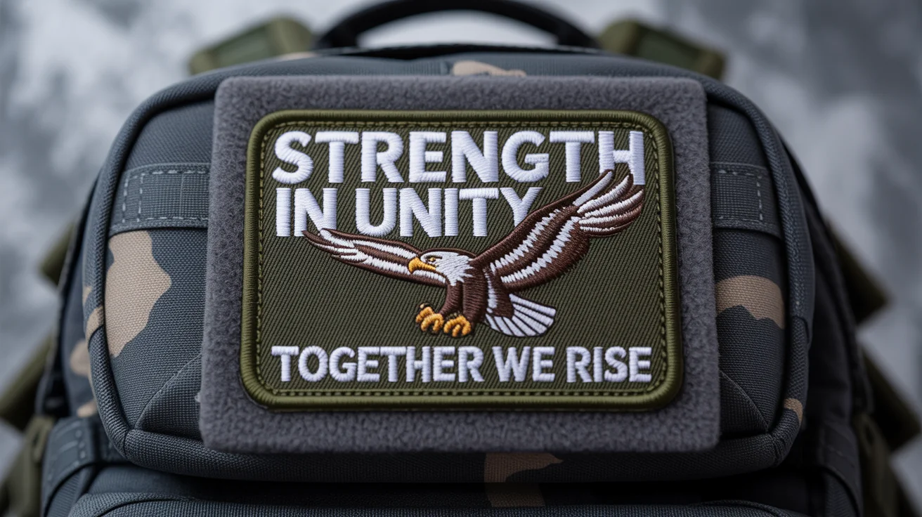 A close-up photo of a rectangular, olive drab green morale patch attached to a dark backpack. The patch features an embroidered eagle, with the text 'Strength in Unity' above it and 'Together We Rise' below.