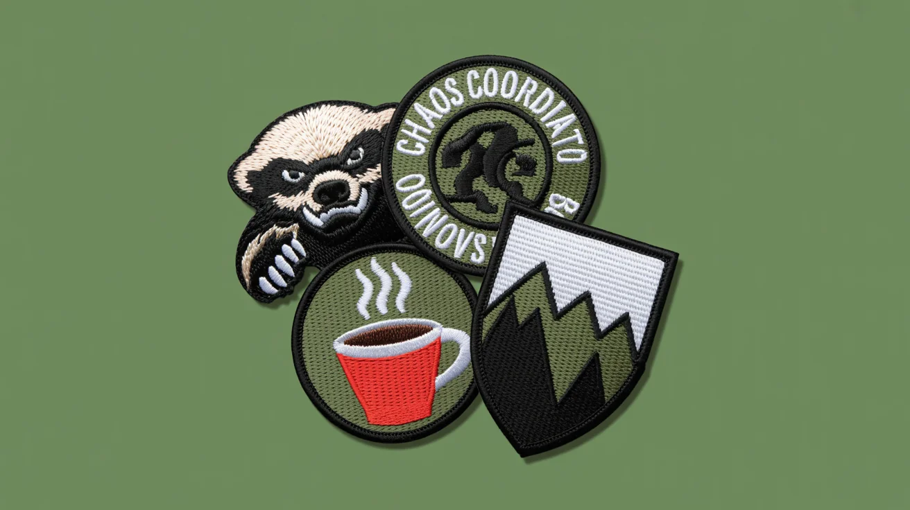 A collection of four custom-embroidered morale patches displayed on a white surface, featuring designs like a honey badger, a mountain range, a coffee cup, and the text 'CHAOS COORDINATOR'.