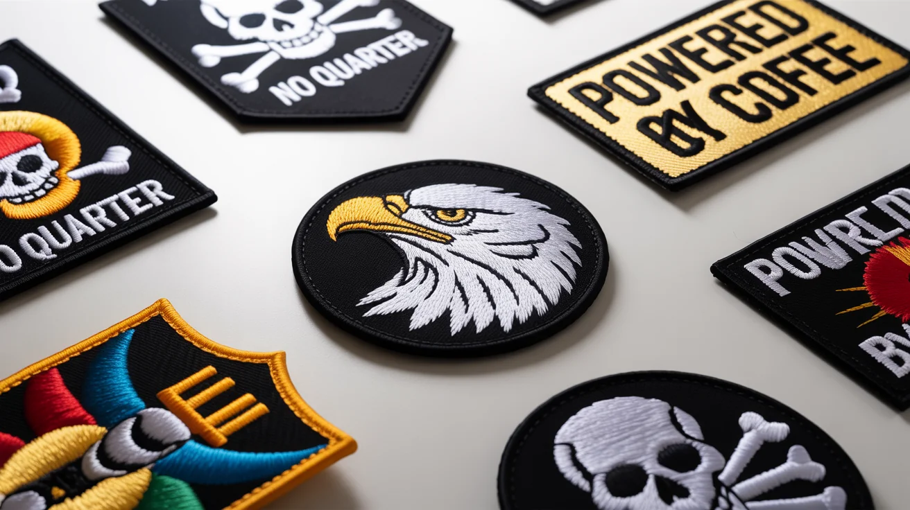 A collection of custom morale patches in various shapes and designs, laid out on a white surface. The patches feature designs like an eagle, a skull with the text 'NO QUARTER', and a patch that says 'POWERED BY COFFEE'.
