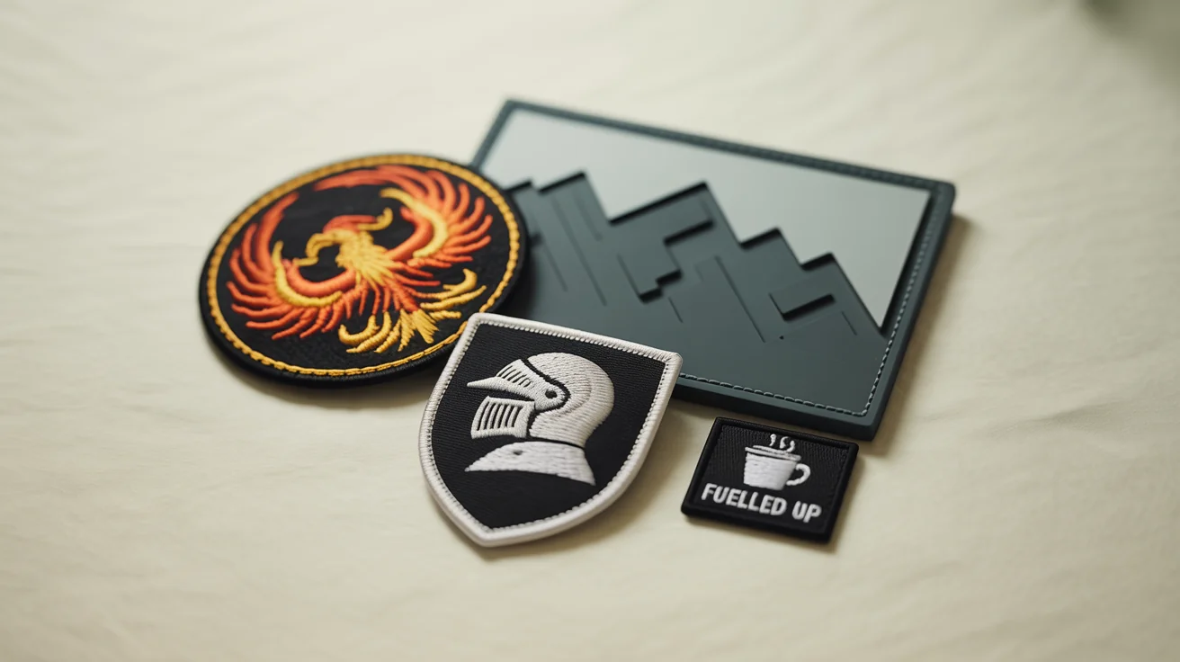 A collection of custom-designed morale patches in various shapes and materials, displayed in a flat lay on a clean white background. The patches feature designs like a phoenix, a mountain range, and a knight's helmet.