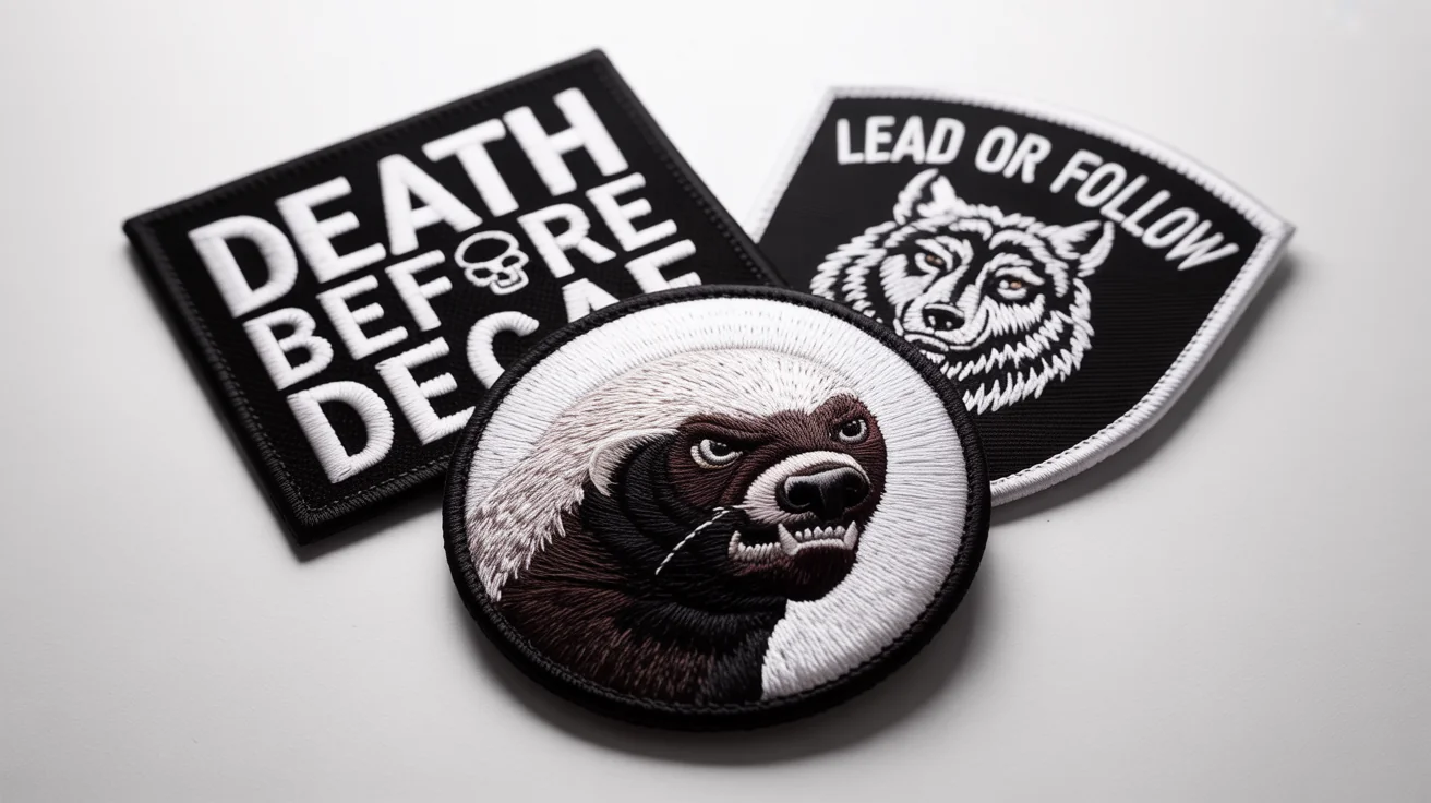 Three custom morale patches, one embroidered honey badger, one PVC patch that says 'DEATH BEFORE DECAF,' and one embroidered wolf patch that says 'LEAD OR FOLLOW', displayed on a white background.
