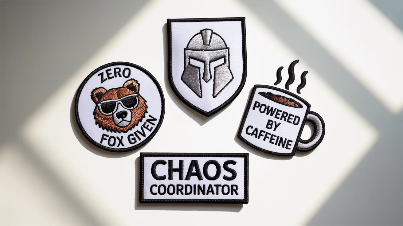 A collection of four custom-designed embroidered morale patches on a white background. The patches feature designs like a bear with sunglasses, a Spartan helmet, and text that reads 'CHAOS COORDINATOR' and 'POWERED BY CAFFEINE'.