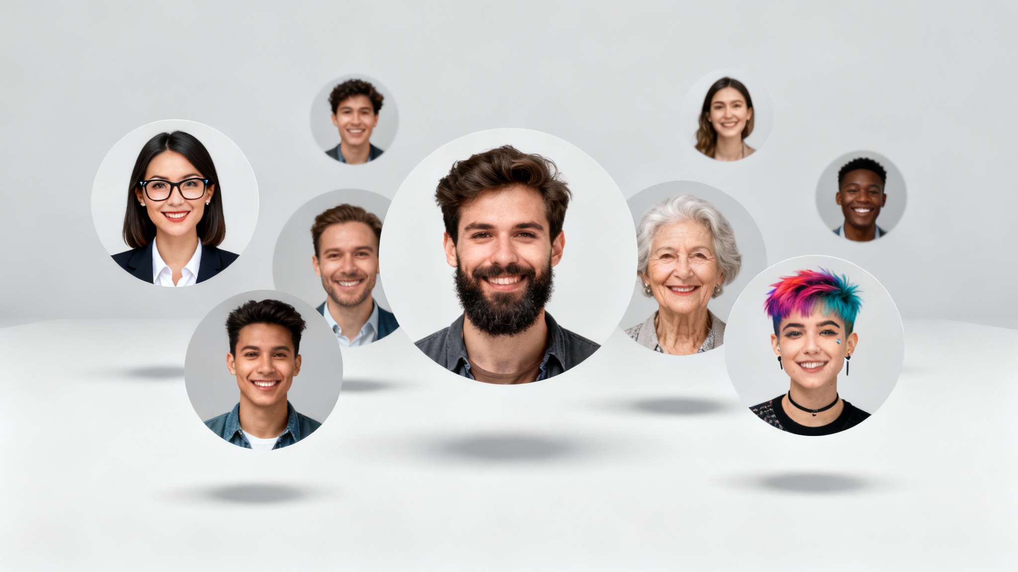 A hero image displaying a collage of diverse, professionally made circular profile pictures against a light gray background, representing the output of a profile picture maker tool.