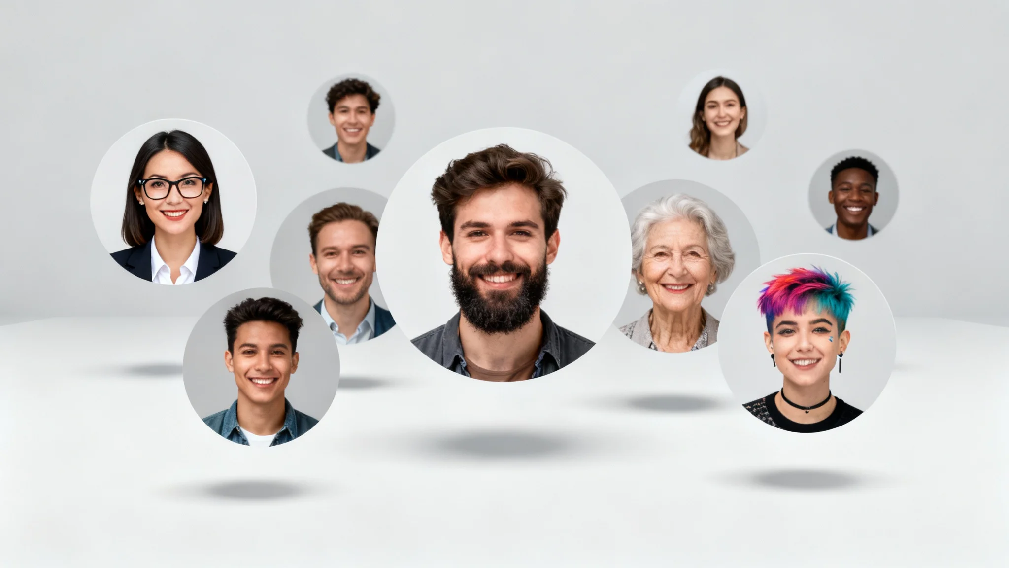 A hero image displaying a collage of diverse, professionally made circular profile pictures against a light gray background, representing the output of a profile picture maker tool.