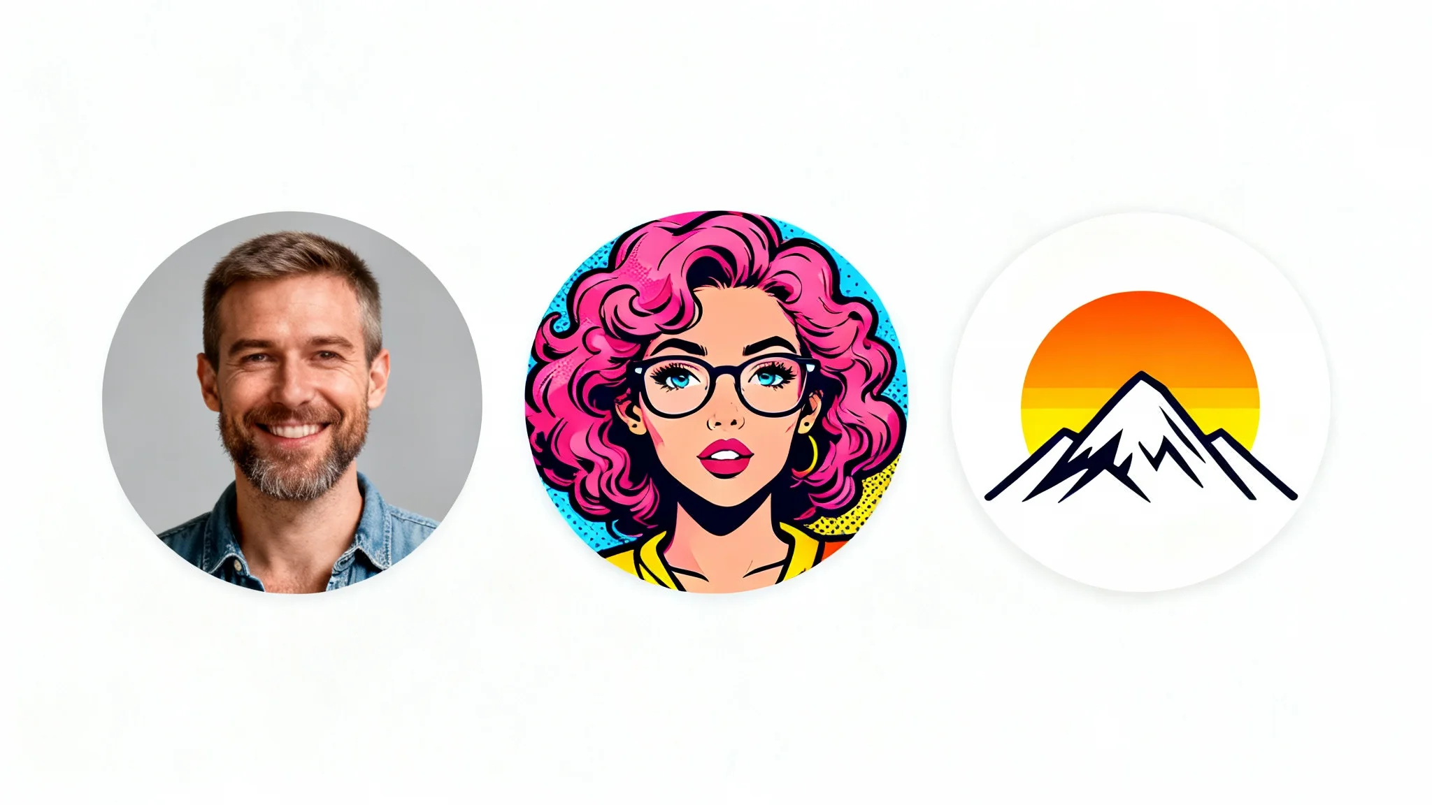 Three different examples of circular profile pictures on a white background: one photorealistic photo of a man, one colorful illustration of a woman, and one minimalist graphic of a mountain.