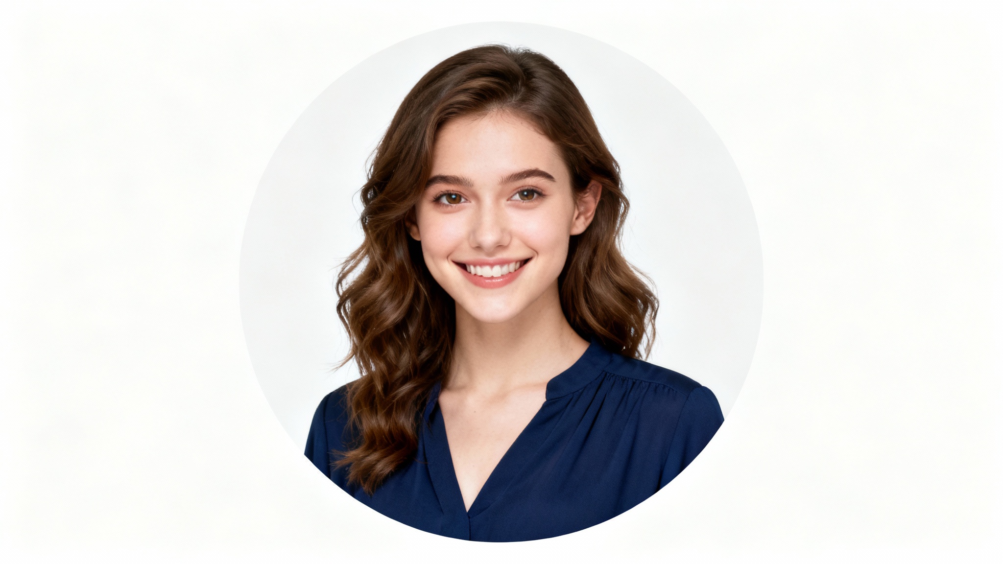 A professional, circular profile picture of a smiling woman with brown hair against a clean white background.