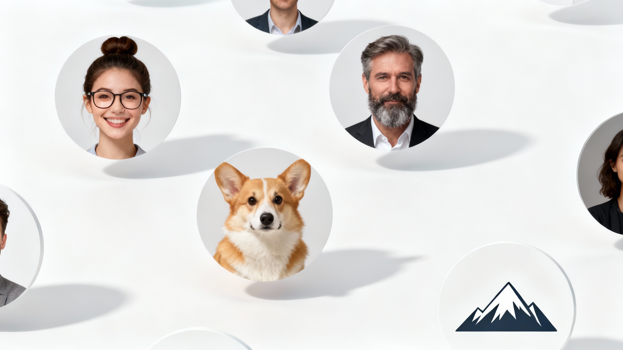 A collection of four diverse circular profile pictures floating on a white background, including a woman, a man, a dog, and a graphic icon.