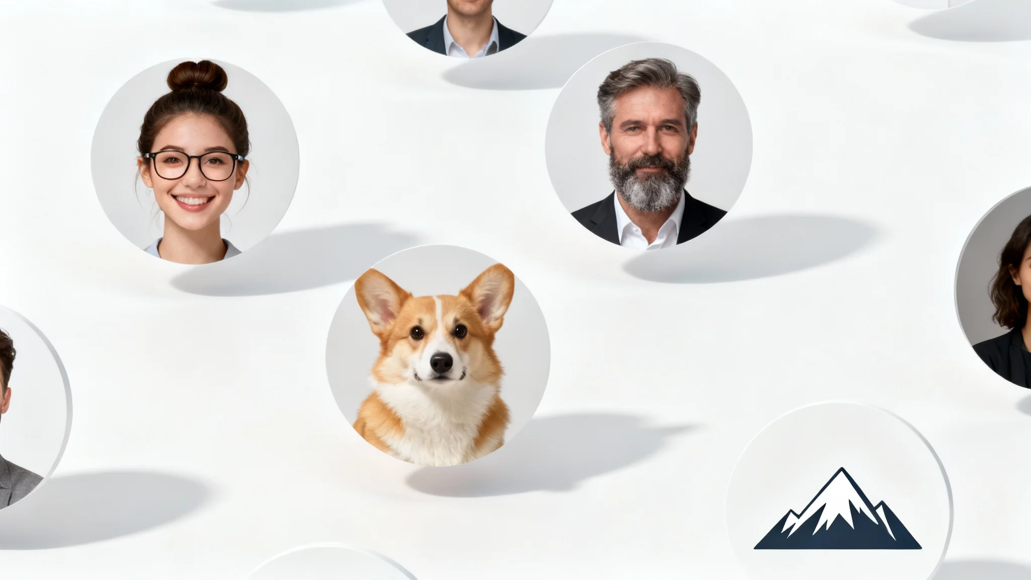 A collection of four diverse circular profile pictures floating on a white background, including a woman, a man, a dog, and a graphic icon.