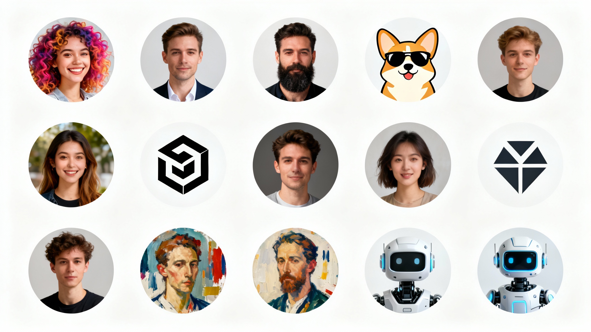 A grid of various sample circle profile pictures, including photos of people, an illustrated dog, a robot avatar, and a graphic logo, all on a white background.
