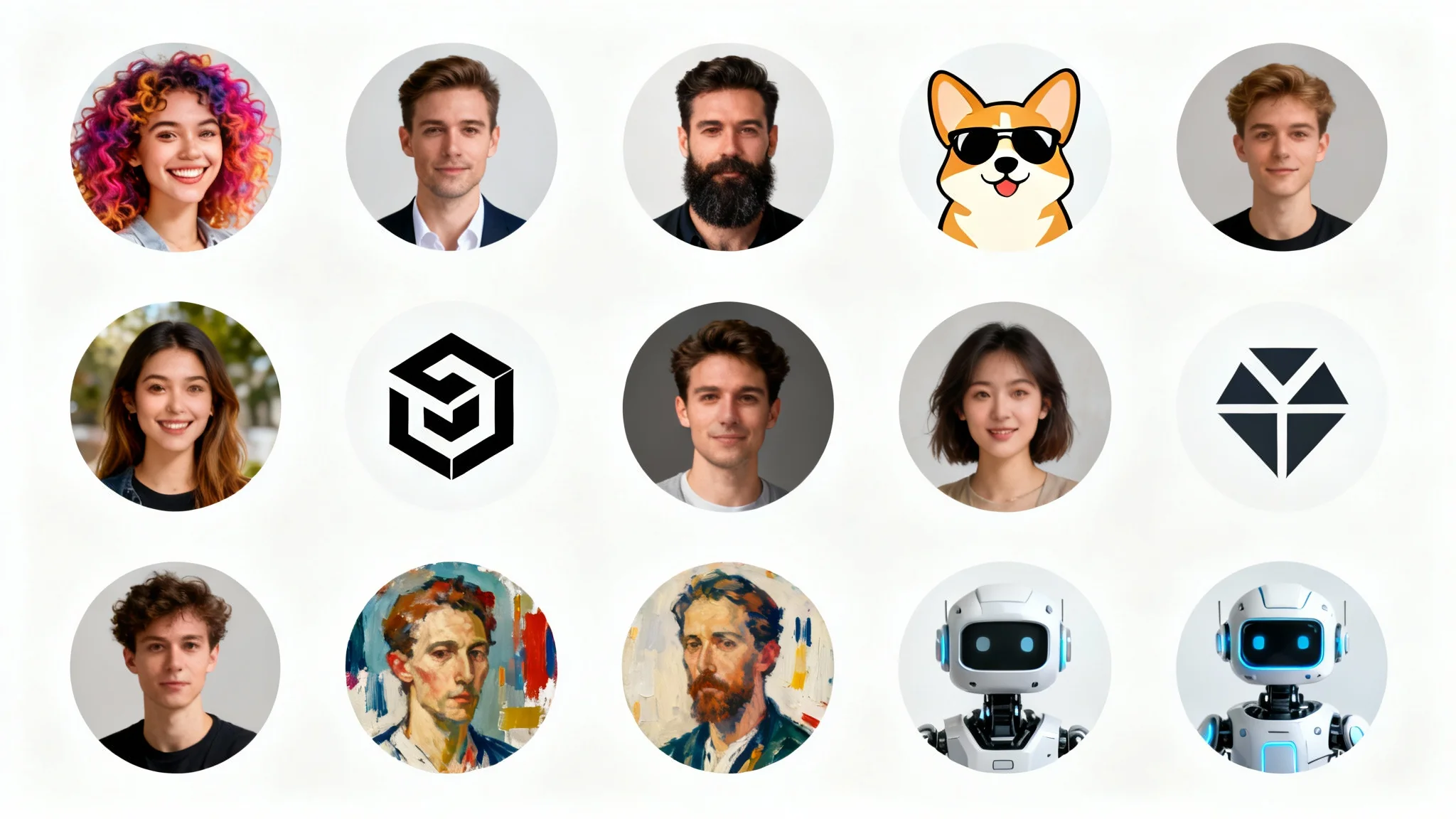 A grid of various sample circle profile pictures, including photos of people, an illustrated dog, a robot avatar, and a graphic logo, all on a white background.
