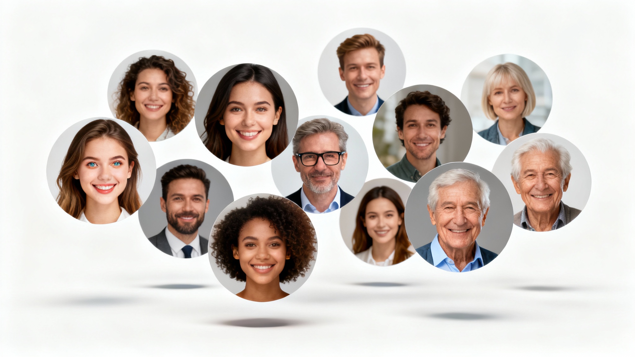 A collection of diverse, high-quality circular profile pictures arranged against a clean white background, showcasing examples for online profiles.