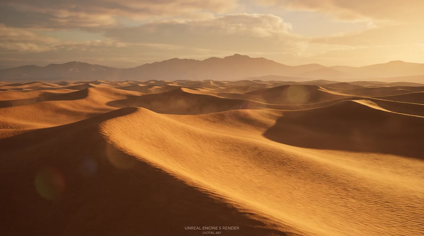 A stunning 3D render of a desert at sunset, showcasing a seamless tileable sand texture applied across vast, rolling dunes, demonstrating its use in creating realistic game environments.