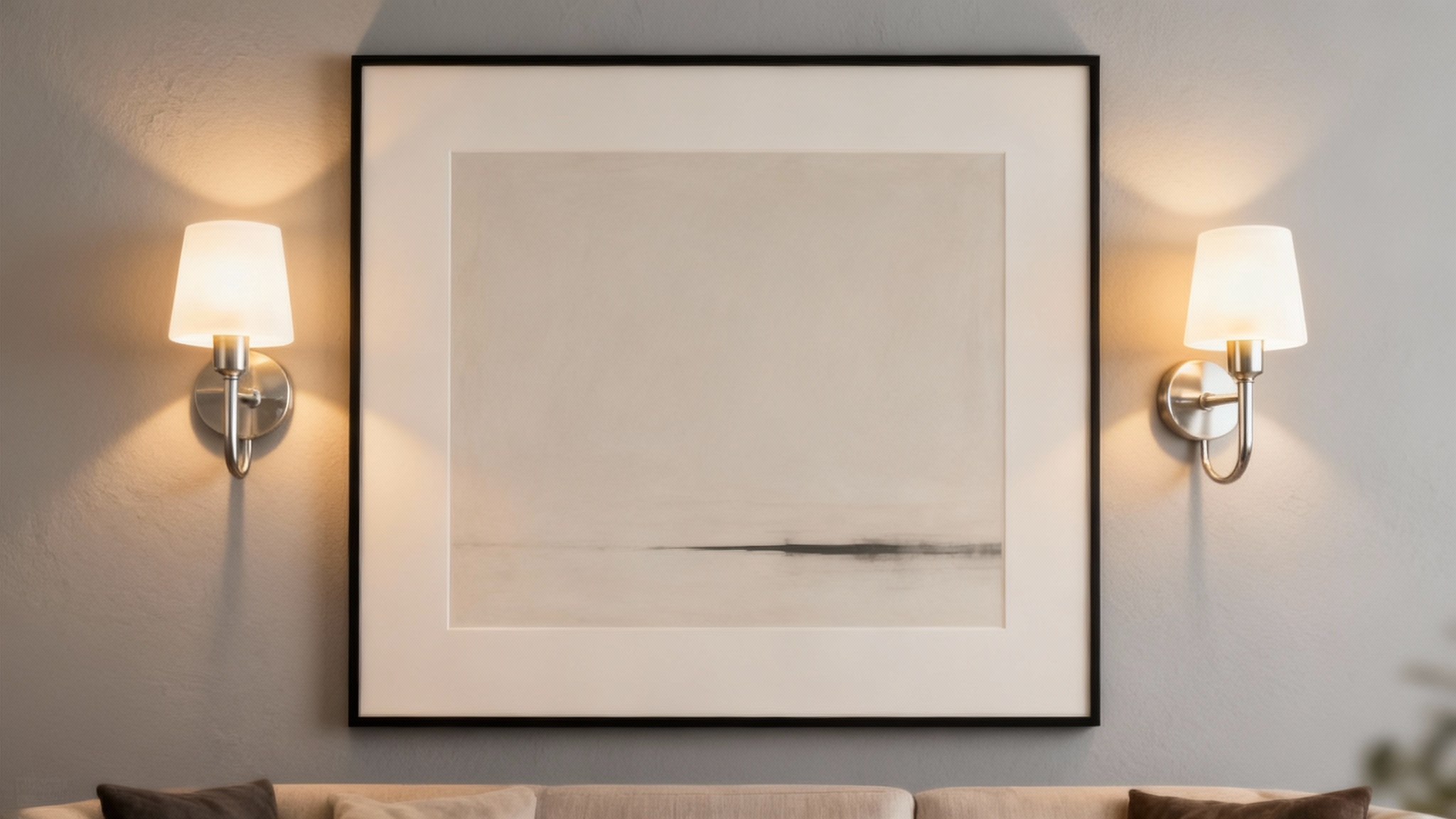 A beautifully designed living room with a large painting on a gray wall, flanked by two modern brushed nickel wall sconces casting a warm, inviting light.