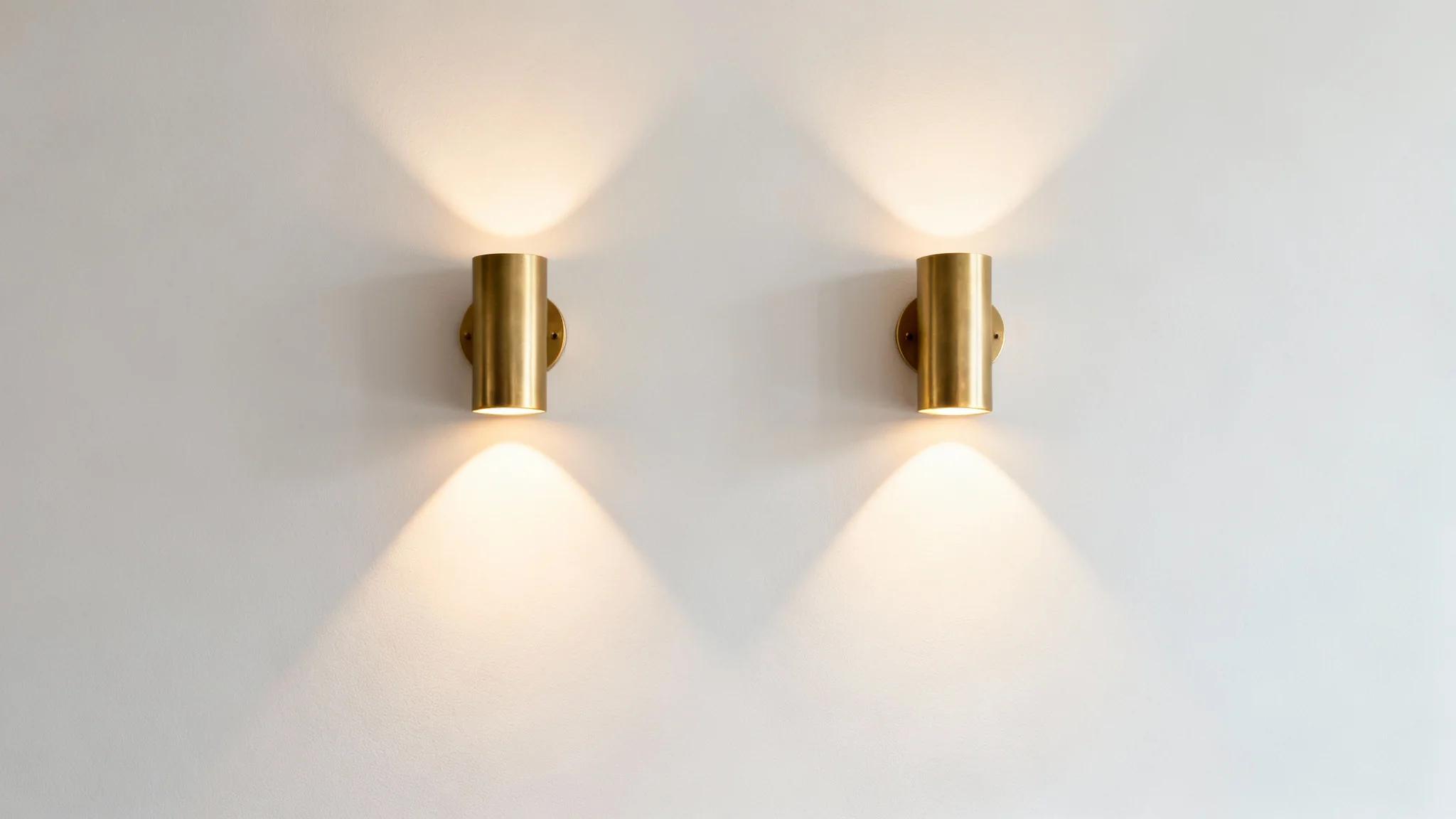 A photorealistic image of two modern, brushed brass wall sconces mounted on a clean off-white wall, casting a warm, elegant light.