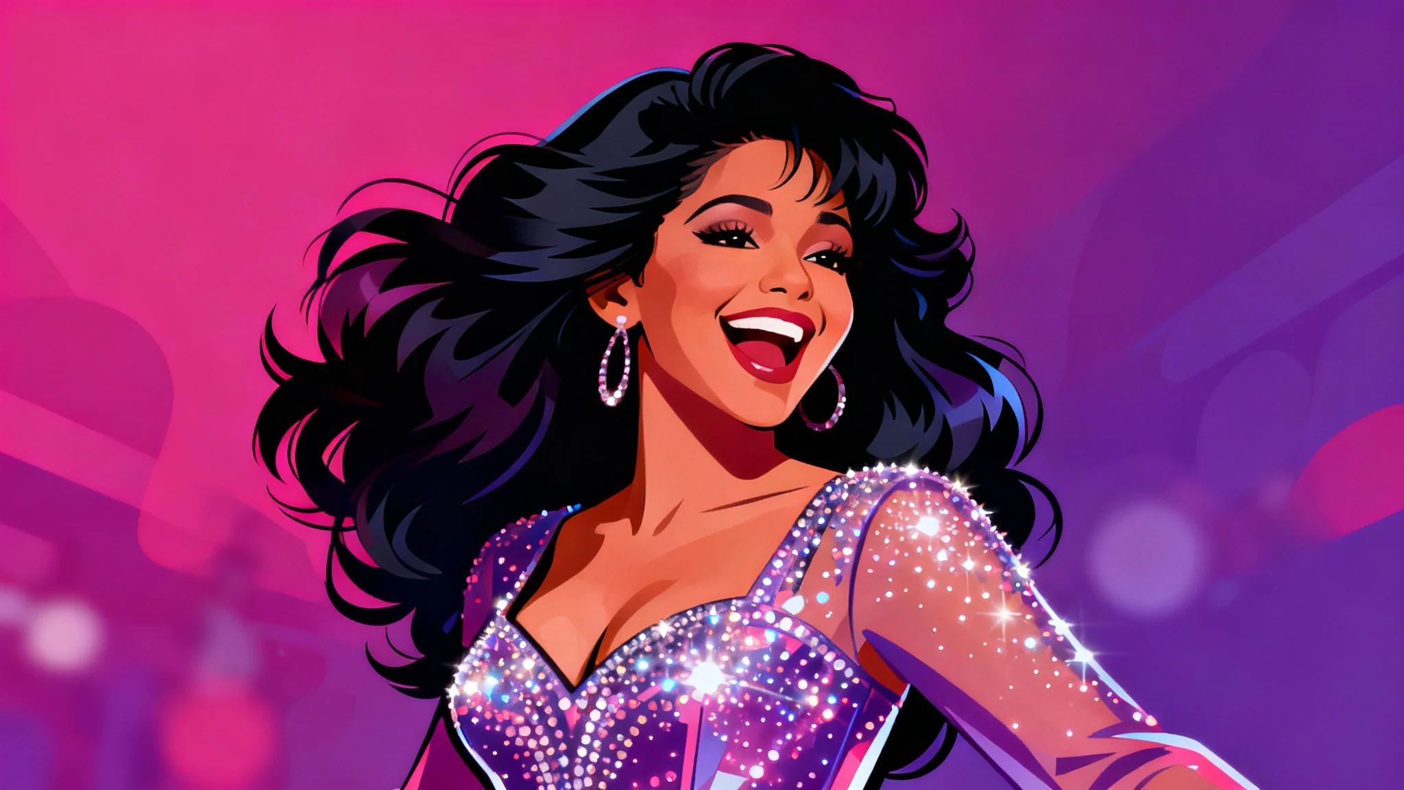 A finished, vibrant digital illustration of Selena Quintanilla, showing her smiling in a sparkling outfit against a soft purple and magenta background.