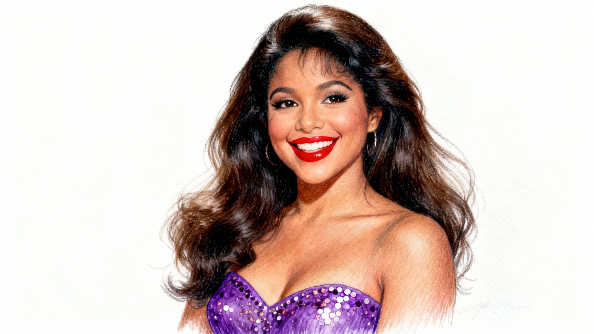 A beautiful and detailed color drawing of Selena Quintanilla smiling, isolated against a white background.