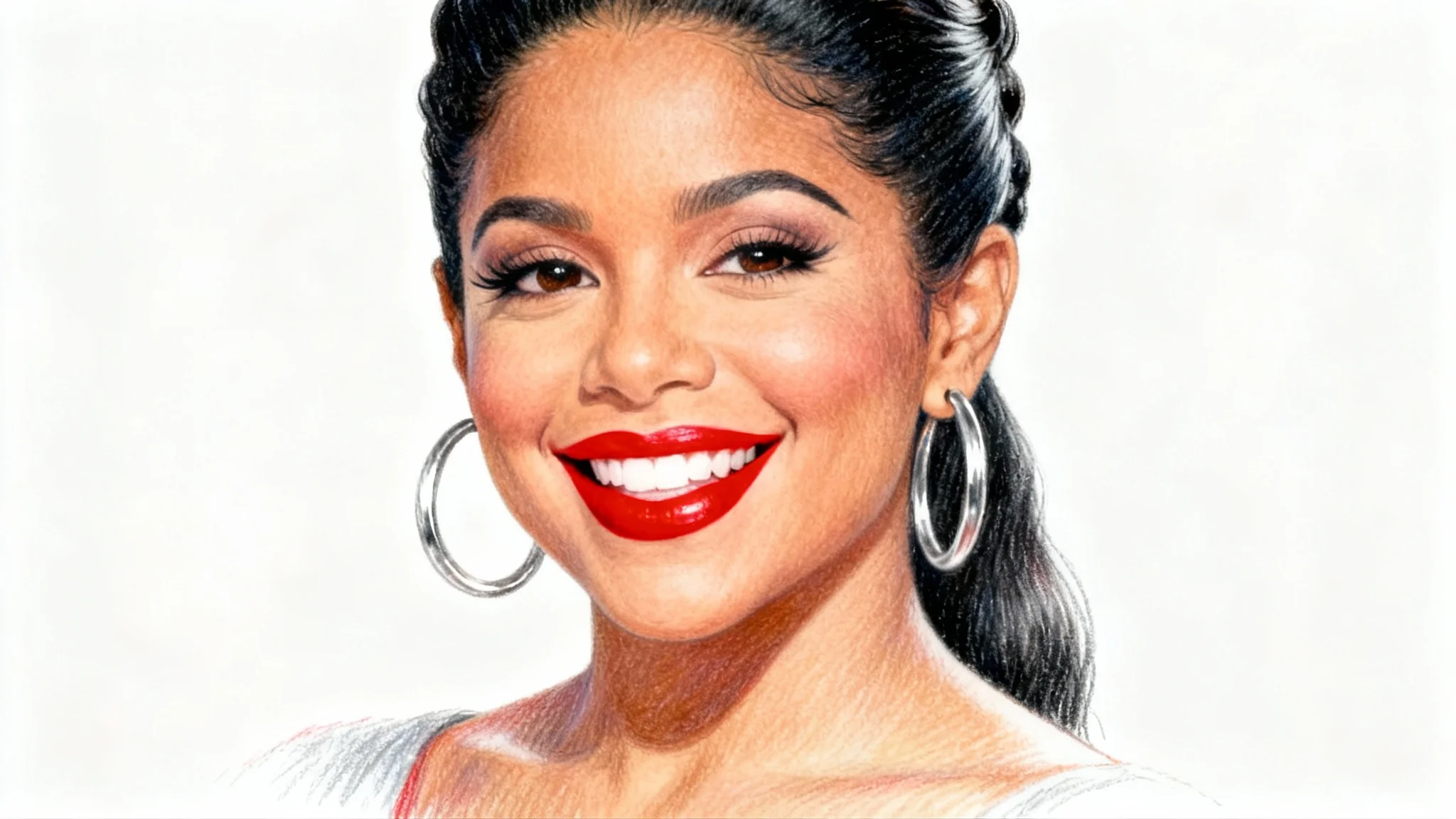 A detailed colored pencil drawing of Selena Quintanilla smiling, highlighting her signature red lipstick and hoop earrings, on a plain white background.