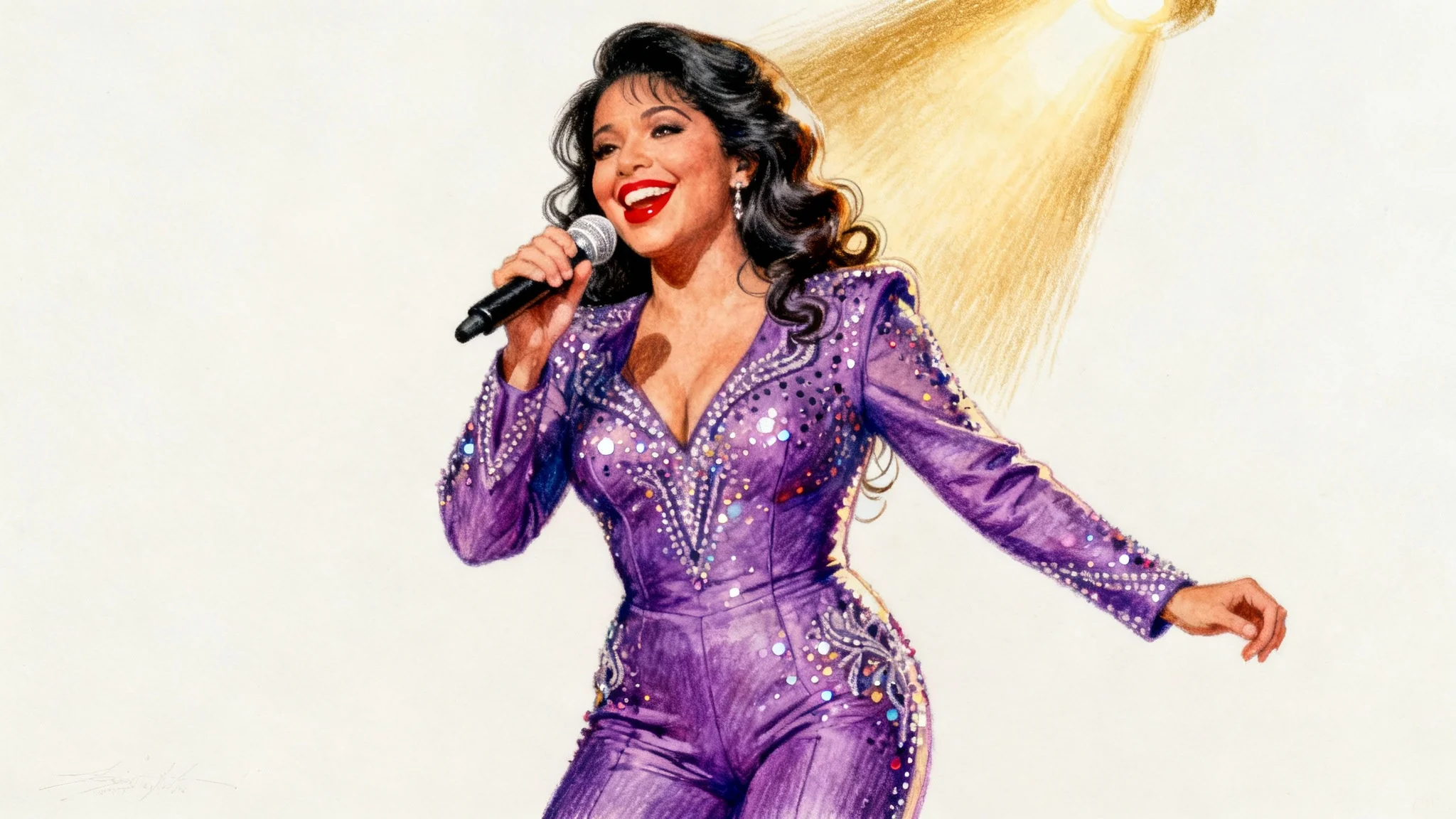 An artistic color drawing of the singer Selena Quintanilla smiling while holding a microphone, wearing her famous sparkling purple jumpsuit against a plain background.