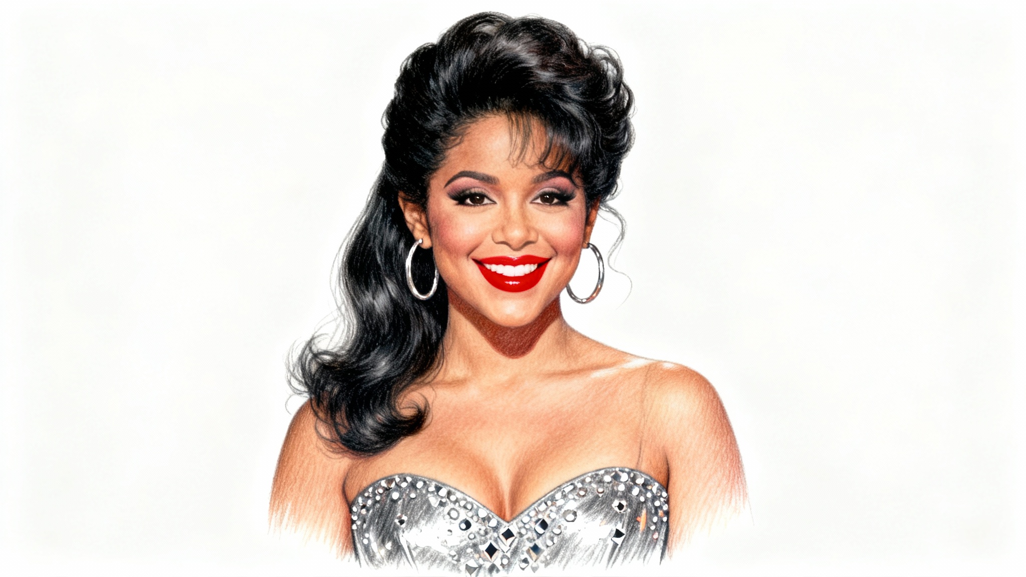 A detailed colored pencil drawing of a smiling Selena Quintanilla, wearing a sparkly top and hoop earrings, set against a plain white background.