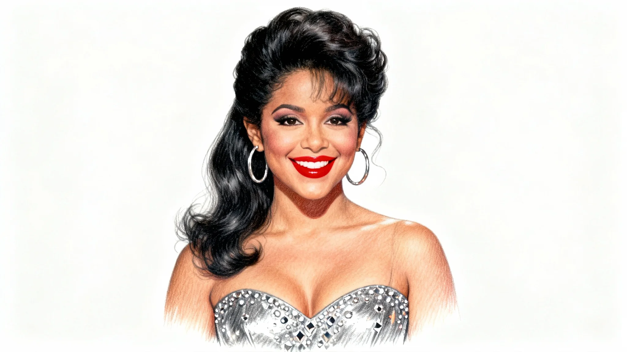A detailed colored pencil drawing of a smiling Selena Quintanilla, wearing a sparkly top and hoop earrings, set against a plain white background.