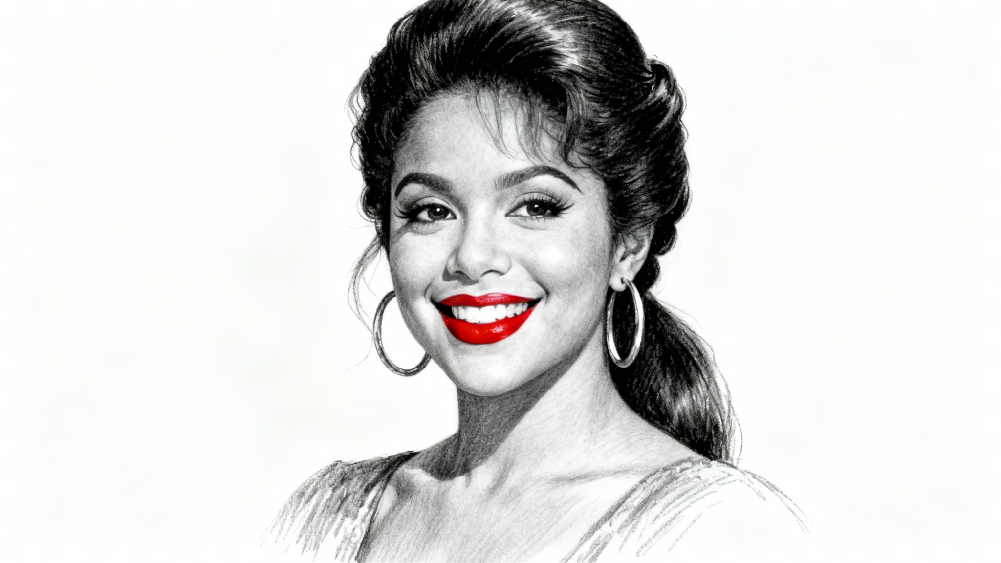 A detailed, artistic black and white drawing of Selena Quintanilla with her signature red lipstick, smiling against a plain white background.
