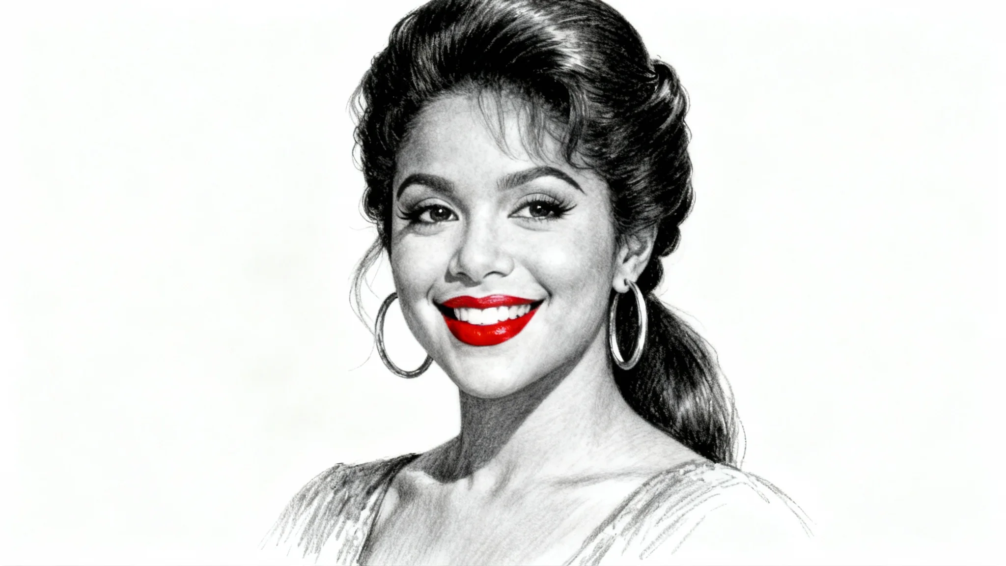 A detailed, artistic black and white drawing of Selena Quintanilla with her signature red lipstick, smiling against a plain white background.