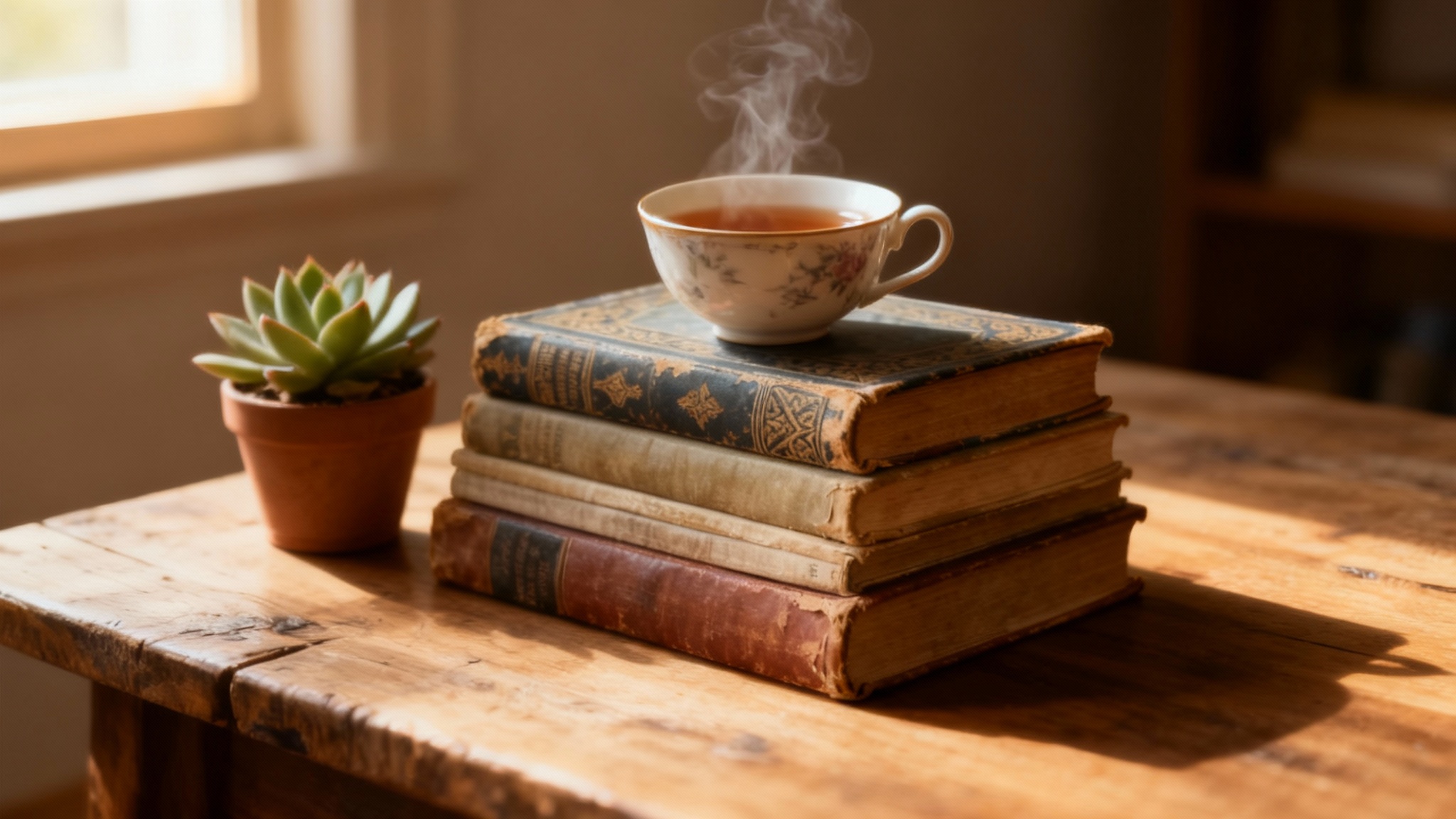 A polished image demonstrating the 'move objects' feature, where a teacup has been seamlessly moved from beside a stack of vintage books to on top of them.