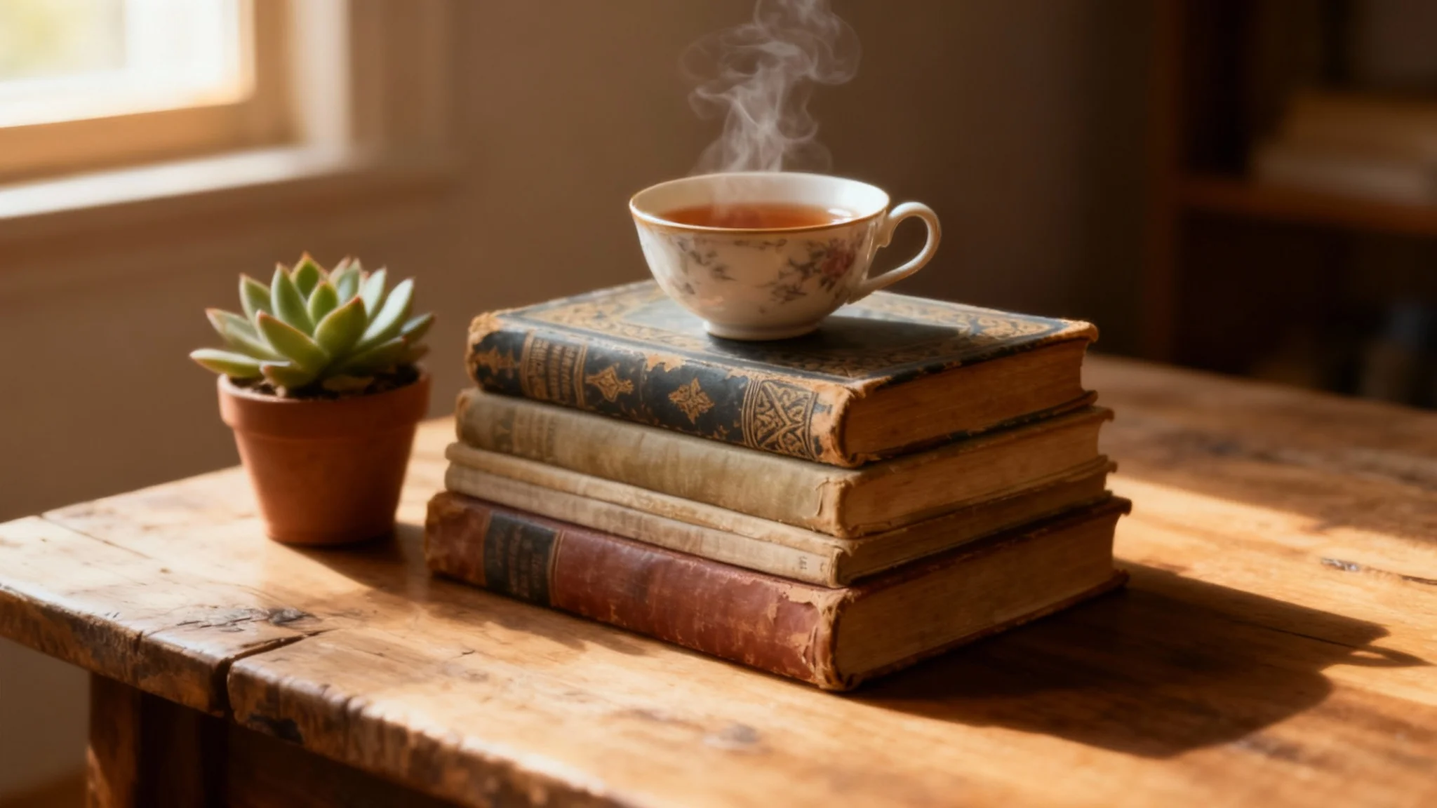 A polished image demonstrating the 'move objects' feature, where a teacup has been seamlessly moved from beside a stack of vintage books to on top of them.