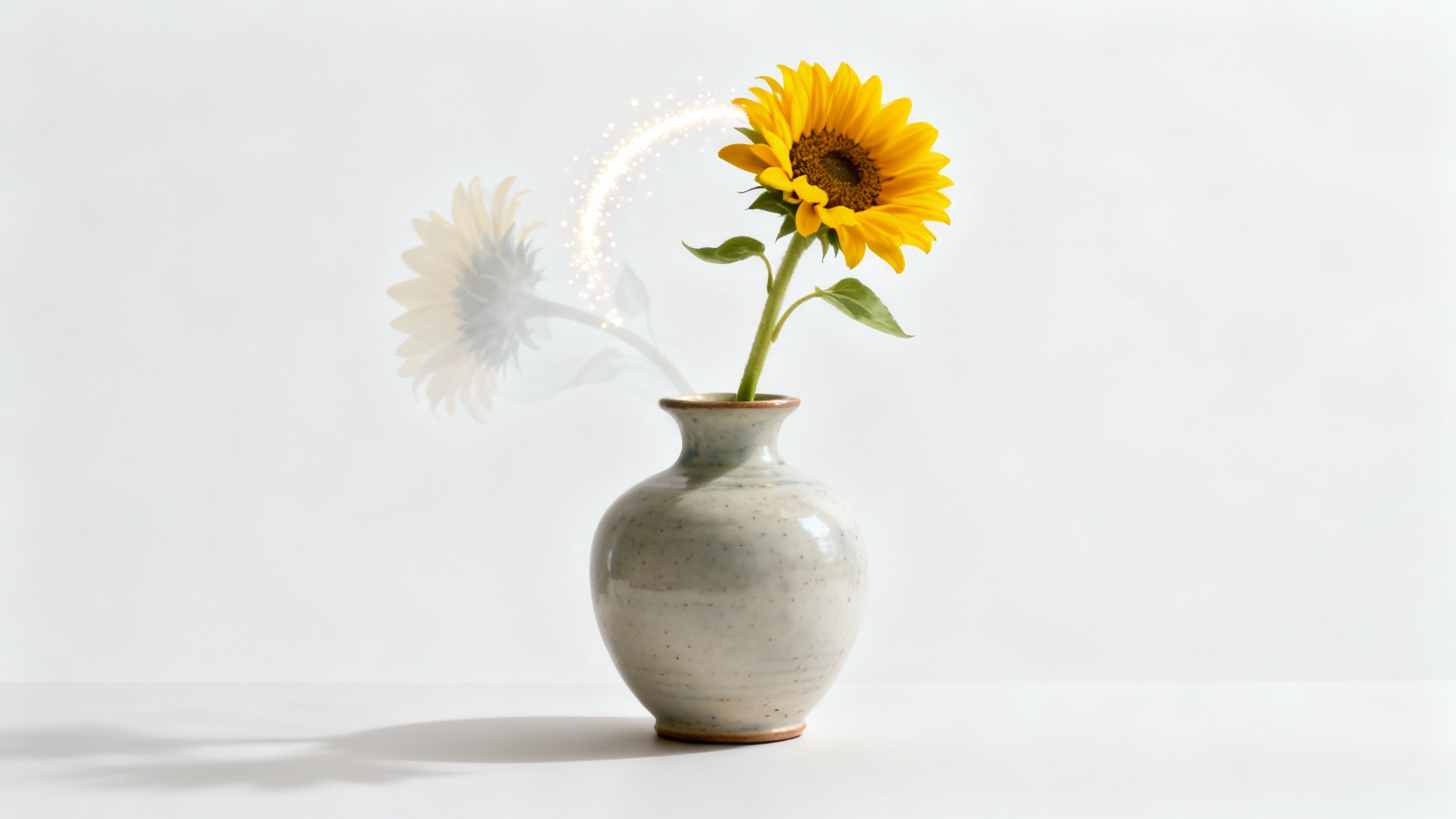 An illustration of the 'move objects' feature, showing a faint, transparent sunflower being moved into a ceramic vase where it becomes solid and vibrant, all against a white background.