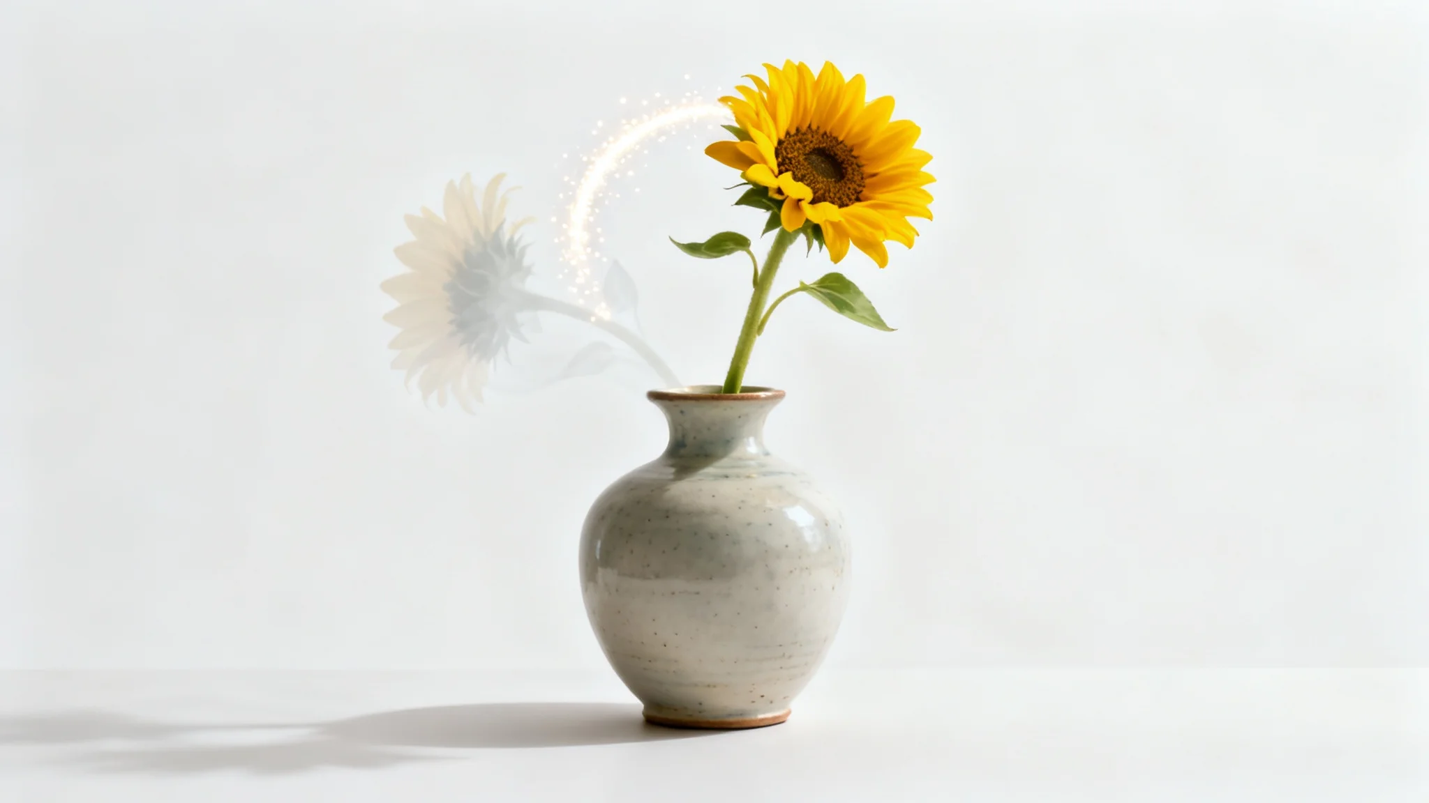 An illustration of the 'move objects' feature, showing a faint, transparent sunflower being moved into a ceramic vase where it becomes solid and vibrant, all against a white background.