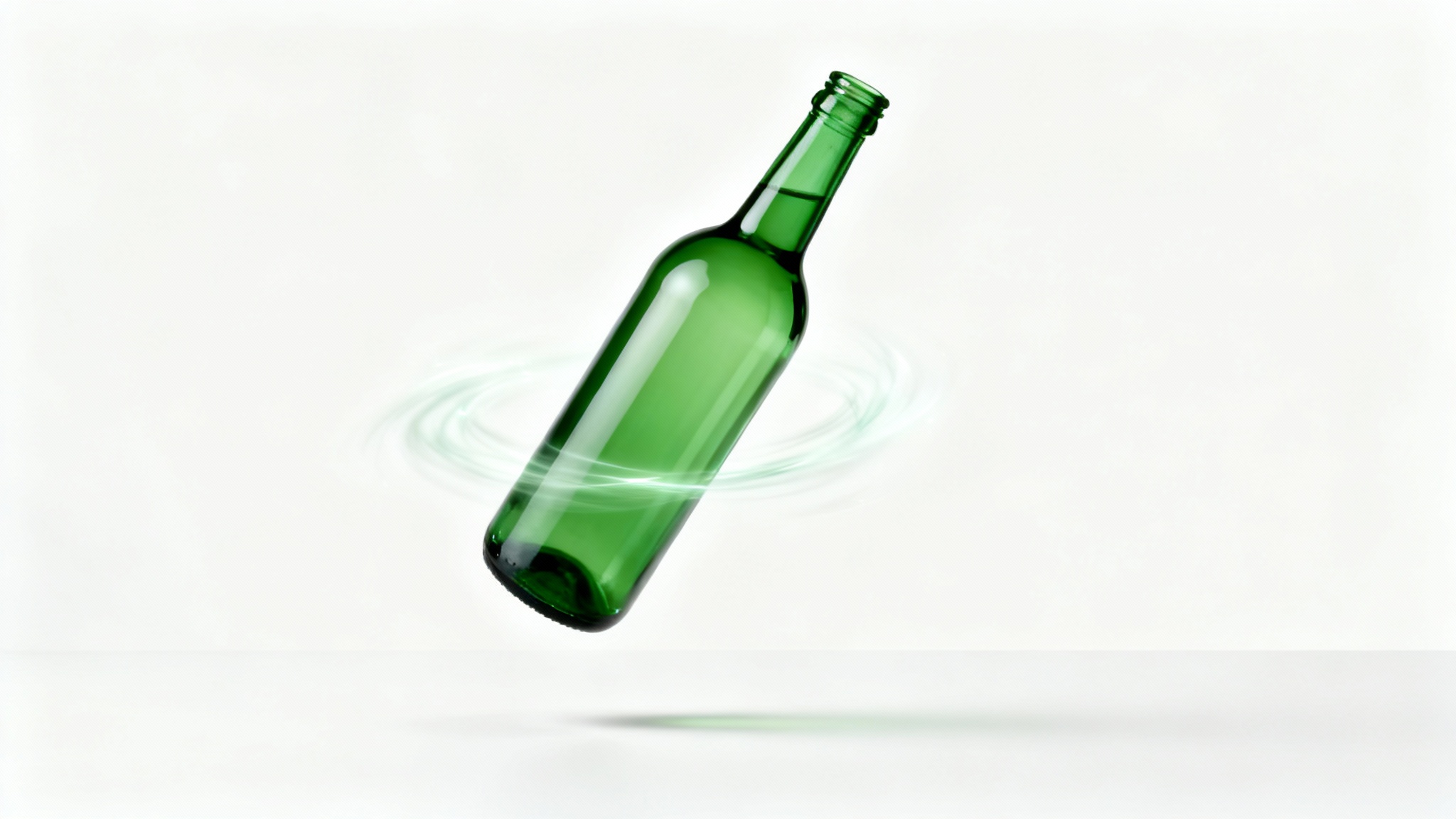 A green glass bottle is shown magically floating mid-air against a clean white background, illustrating the concept of moving an object.