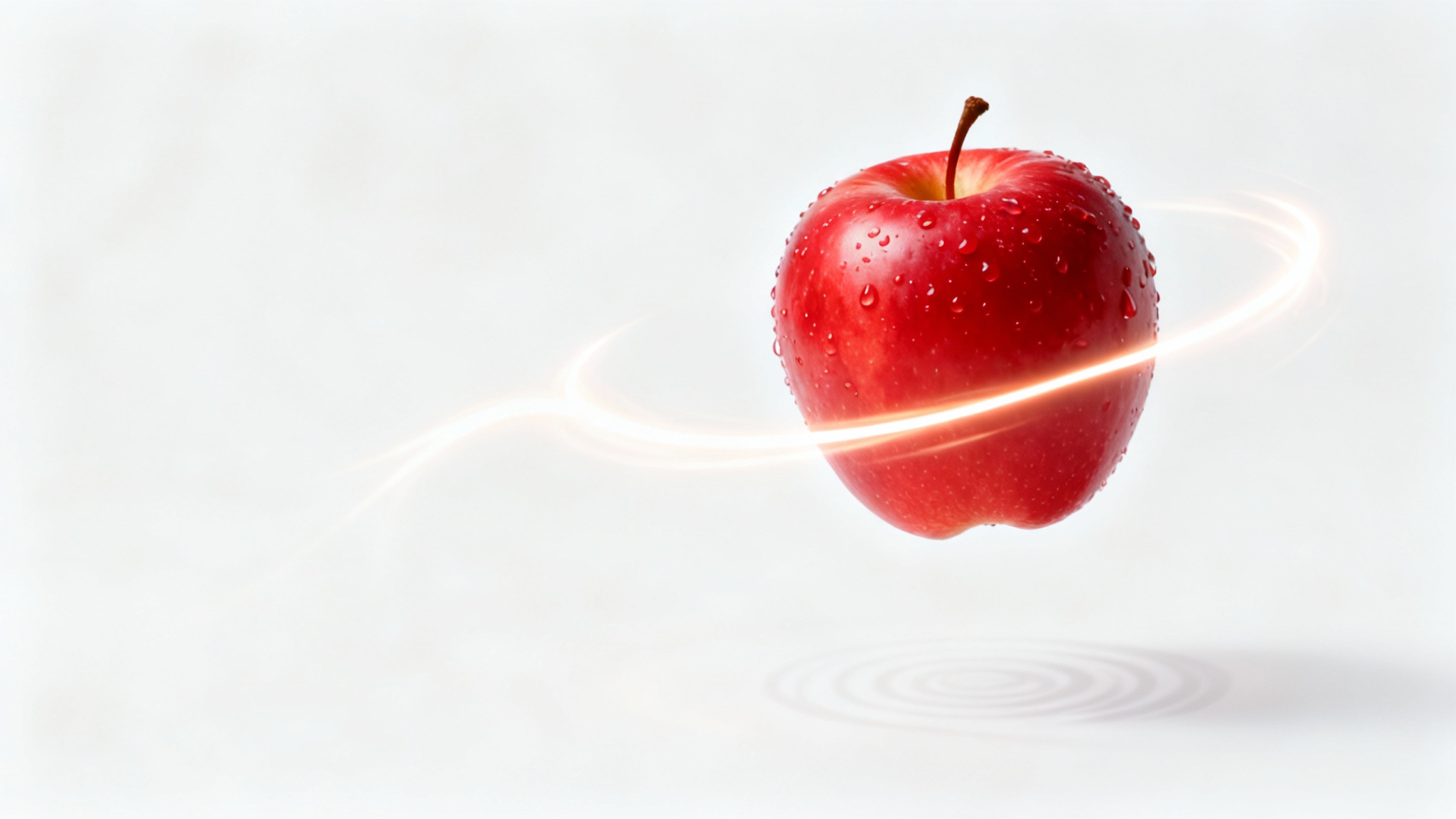 A red apple is shown moving from one spot to another against a white background, with a trail of light illustrating its path, demonstrating the concept of moving an object.