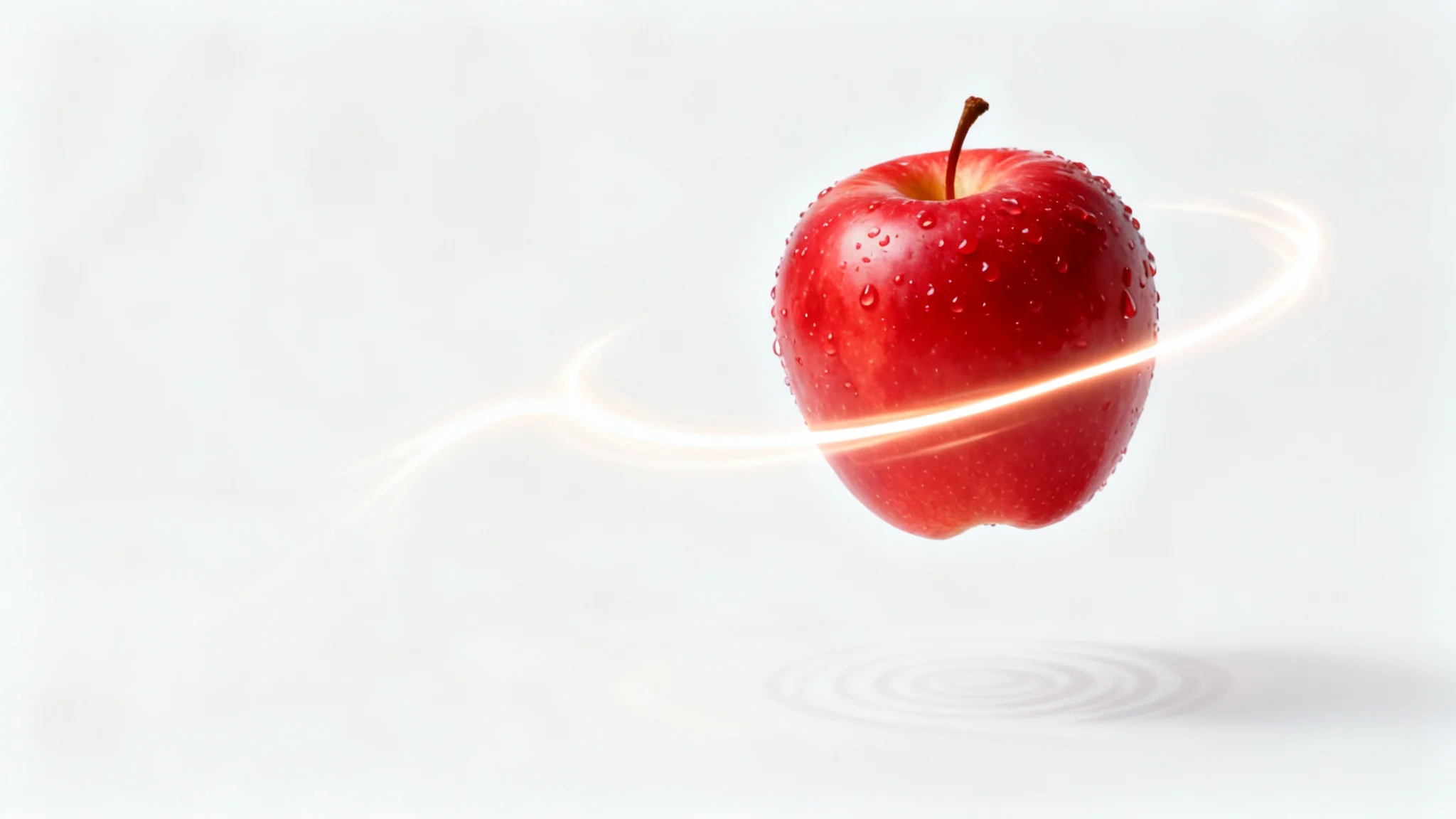 A red apple is shown moving from one spot to another against a white background, with a trail of light illustrating its path, demonstrating the concept of moving an object.
