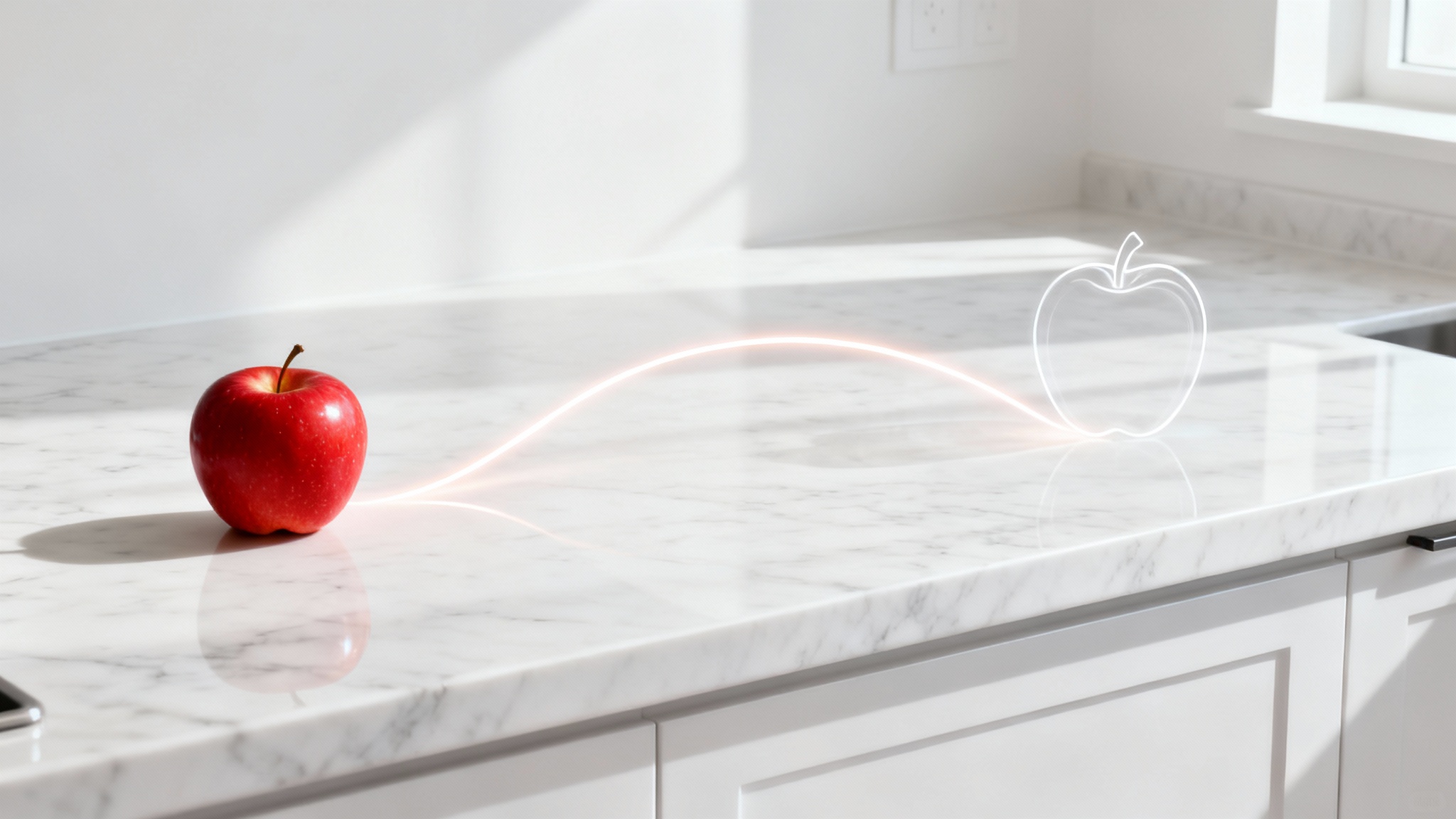 A conceptual image demonstrating the ability to move objects. A red apple on a kitchen counter is shown with a glowing path leading to a new, translucent position, indicating it has been moved.