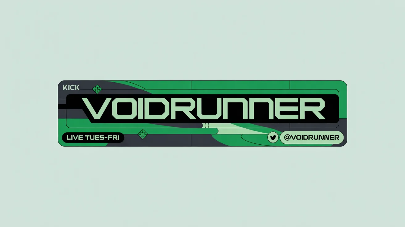 A professionally designed Kick profile banner for a streamer named 'VOIDRUNNER'. The banner is black and vibrant green, with a futuristic design, the streamer's schedule, and social media handles.