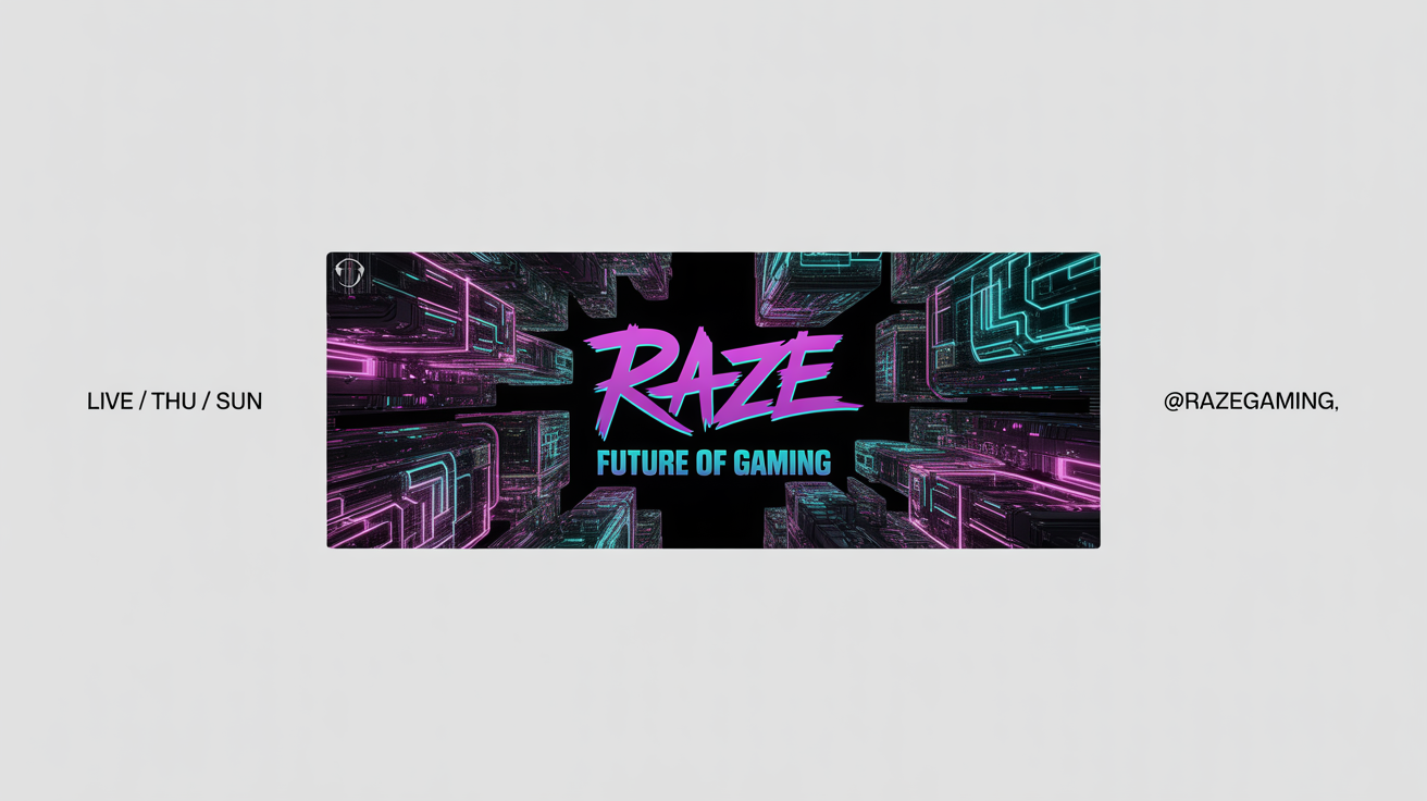 A mockup of a Kick streaming banner for a gamer named 'RAZE'. The banner has a futuristic cyberpunk theme with neon colors and features the text 'RAZE', 'FUTURE OF GAMING', a streaming schedule, and a social media handle.