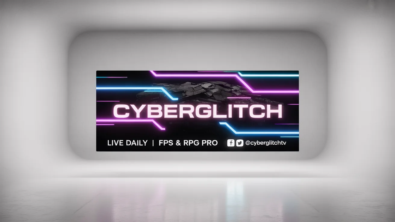 A mockup of a futuristic Kick streaming banner for a gamer named 'CYBERGLITCH'. The banner has a dark theme with neon blue and magenta accents and is displayed on a plain white background.